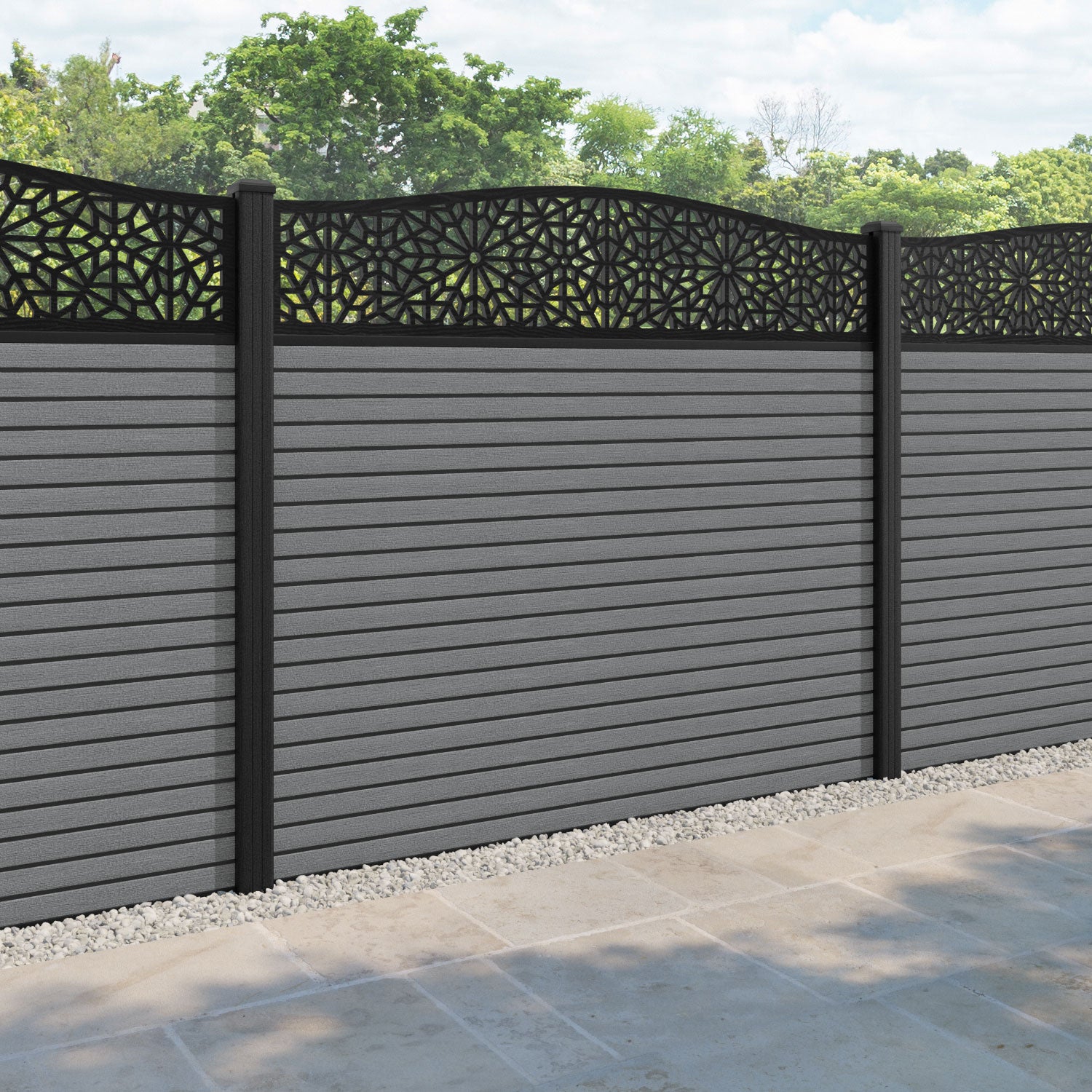 Hudson Alnara Curved Top Fence Panel - Mid Grey - with our composite posts