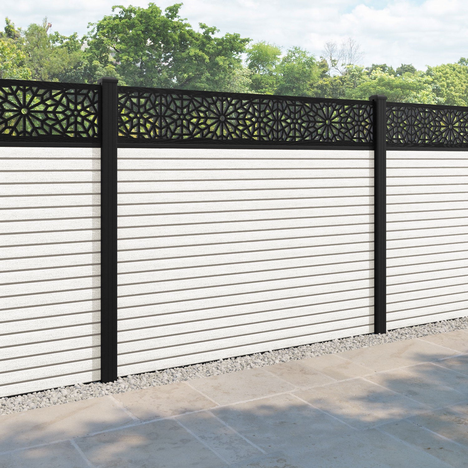 Hudson Alnara Fence Panel - Light Stone - with our aluminium posts