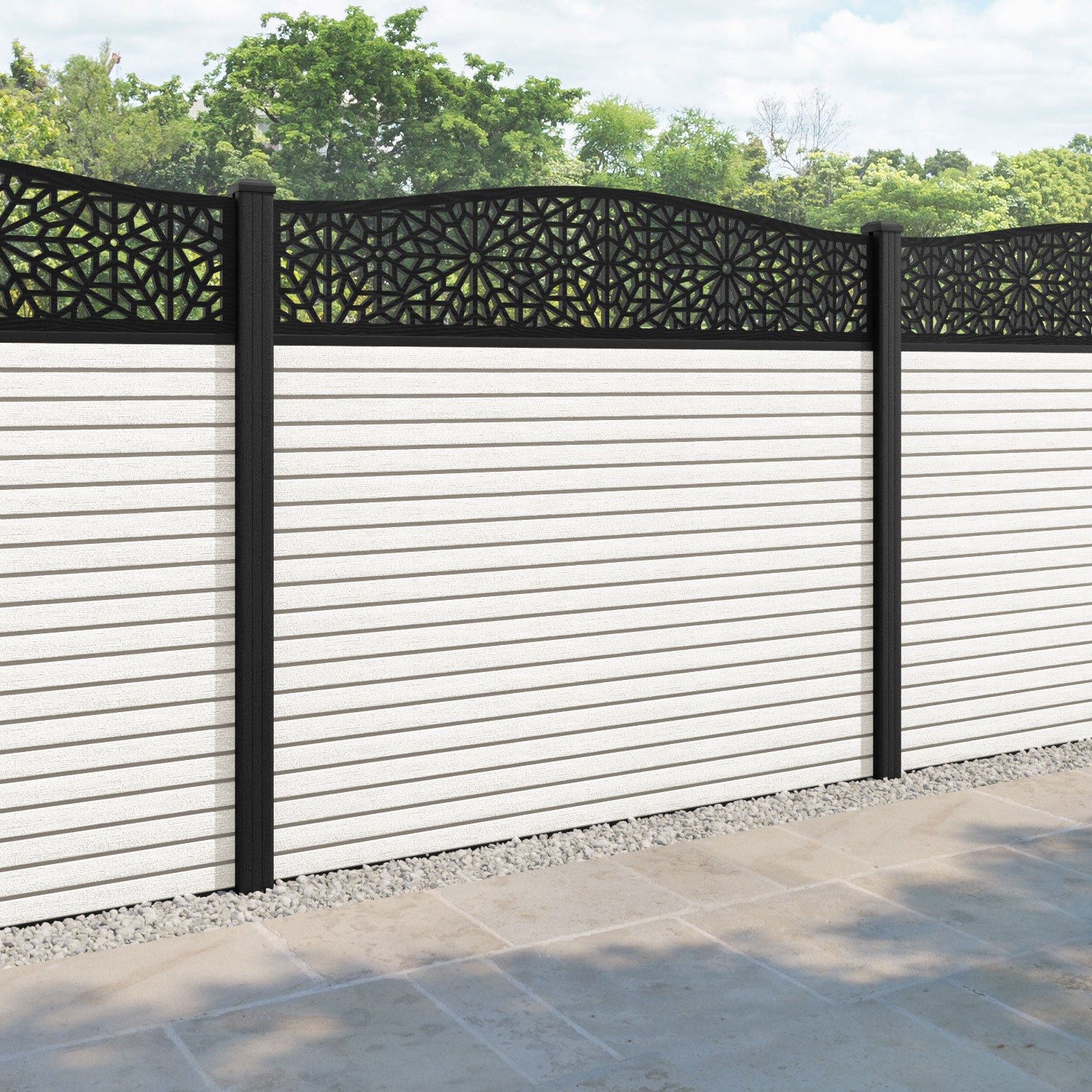 Hudson Alnara Curved Top Fence Panel - Light Stone - with our composite posts