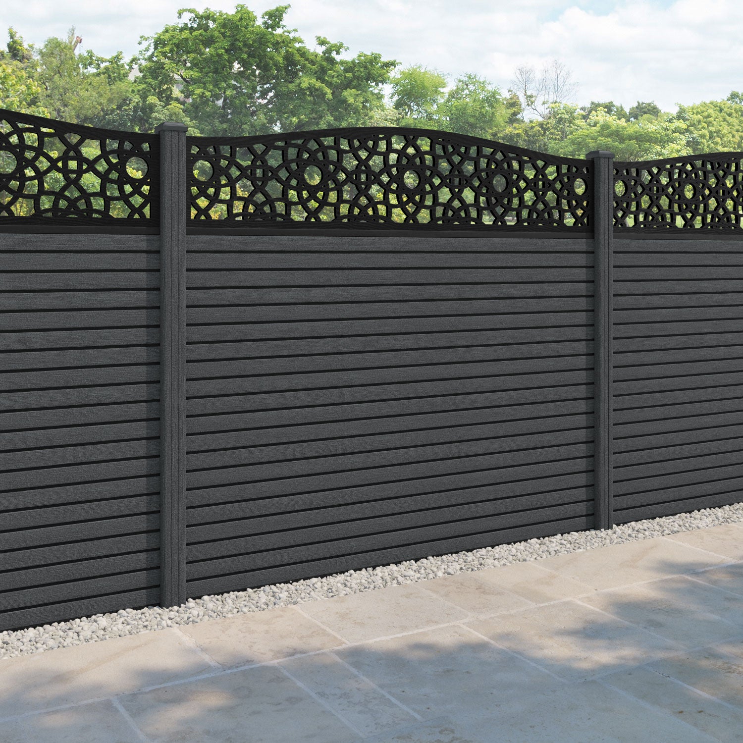 Hudson Ambar Curved Top Fence Panel - Dark Grey - with our composite posts