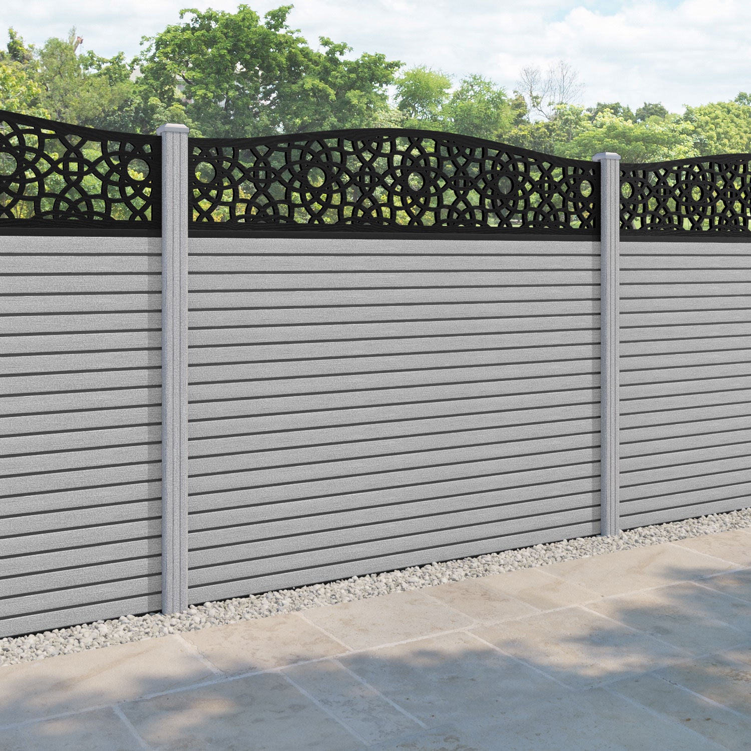 Hudson Ambar Curved Top Fence Panel - Light Grey - with our composite posts