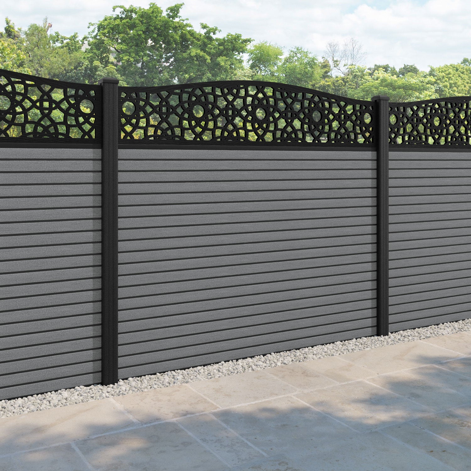 Hudson Ambar Curved Top Fence Panel - Mid Grey - with our composite posts
