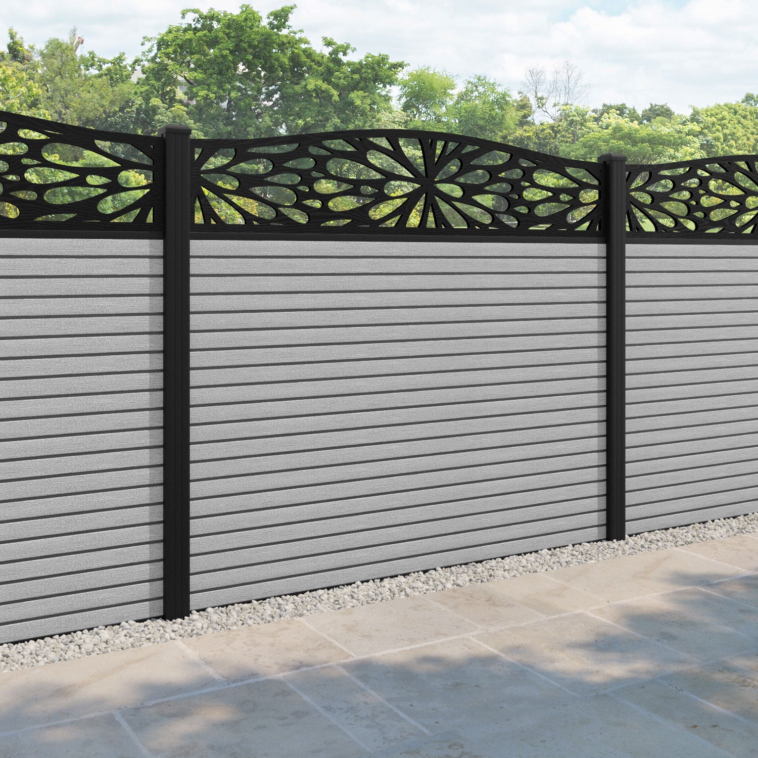 Hudson Blossom Curved Top Fence Panel - Light Grey - with our aluminium posts
