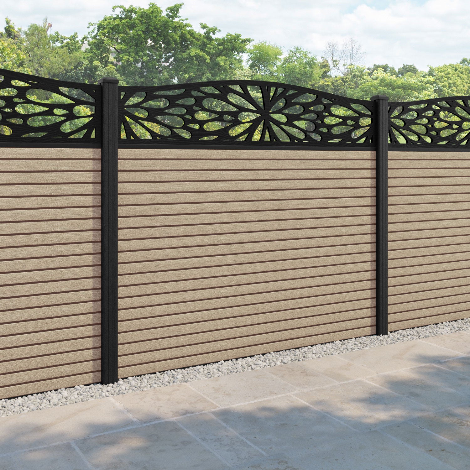 Hudson Blossom Curved Top Fence Panel - Light Oak - with our composite posts