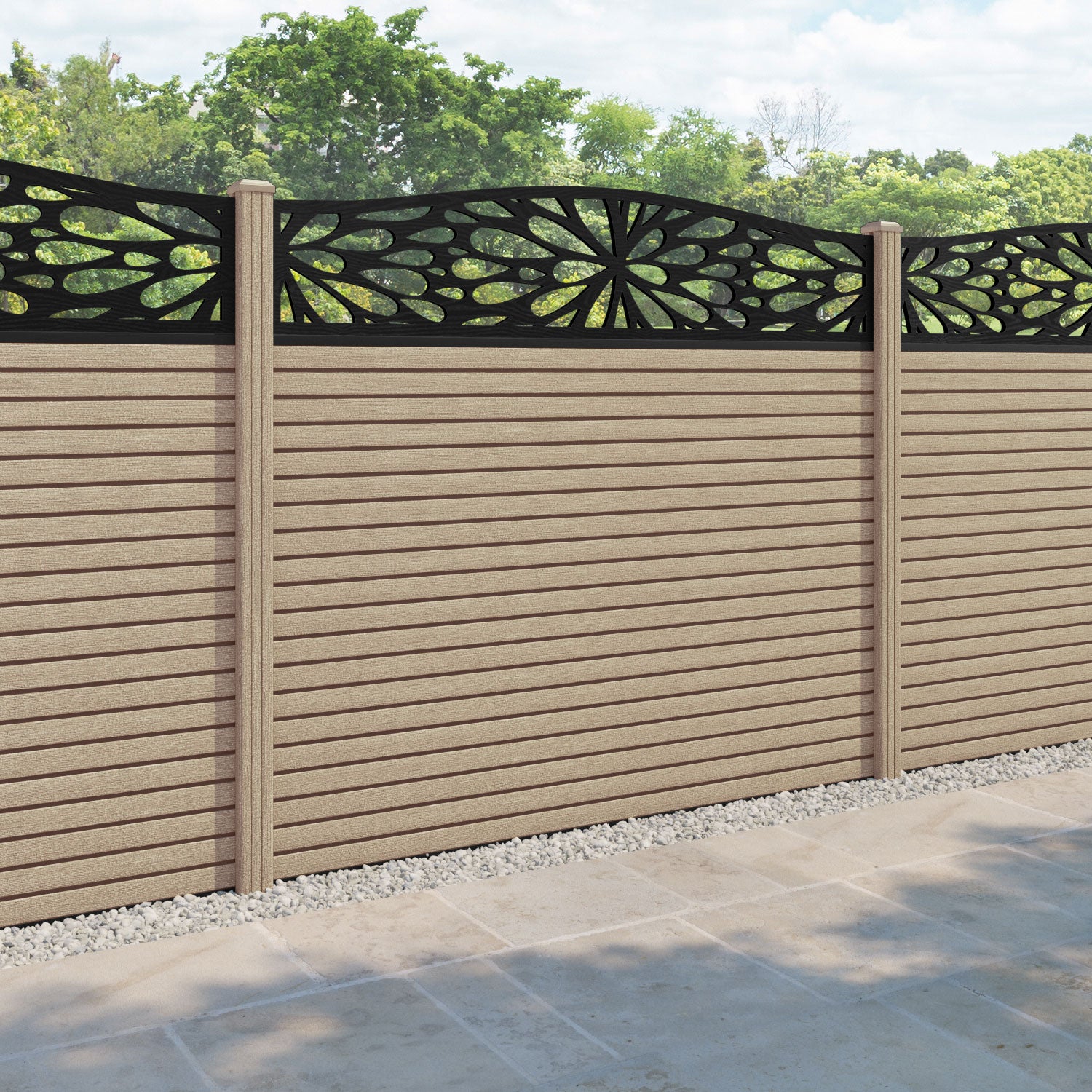 Hudson Blossom Curved Top Fence Panel - Light Oak - with our composite posts