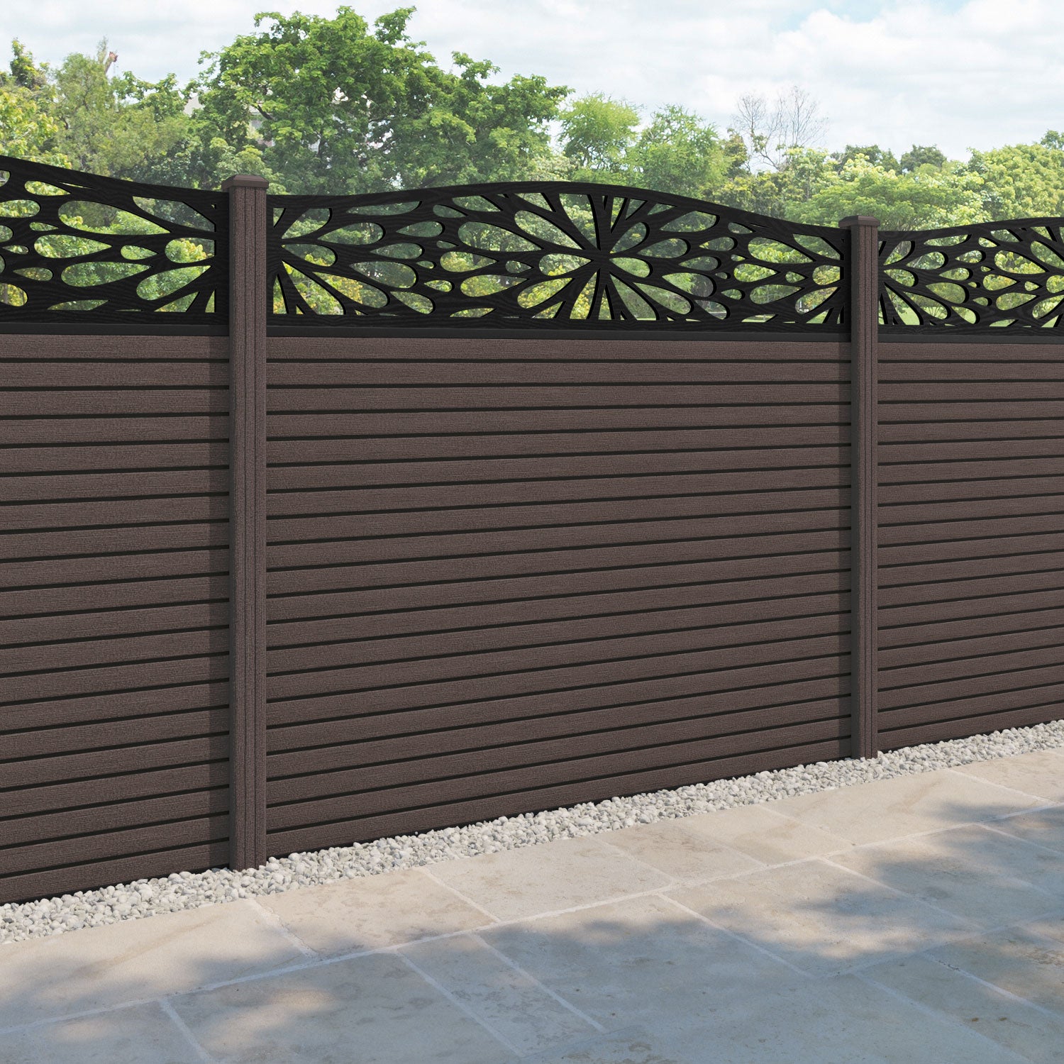 Hudson Blossom Curved Top Fence Panel - Mid Brown - with our composite posts