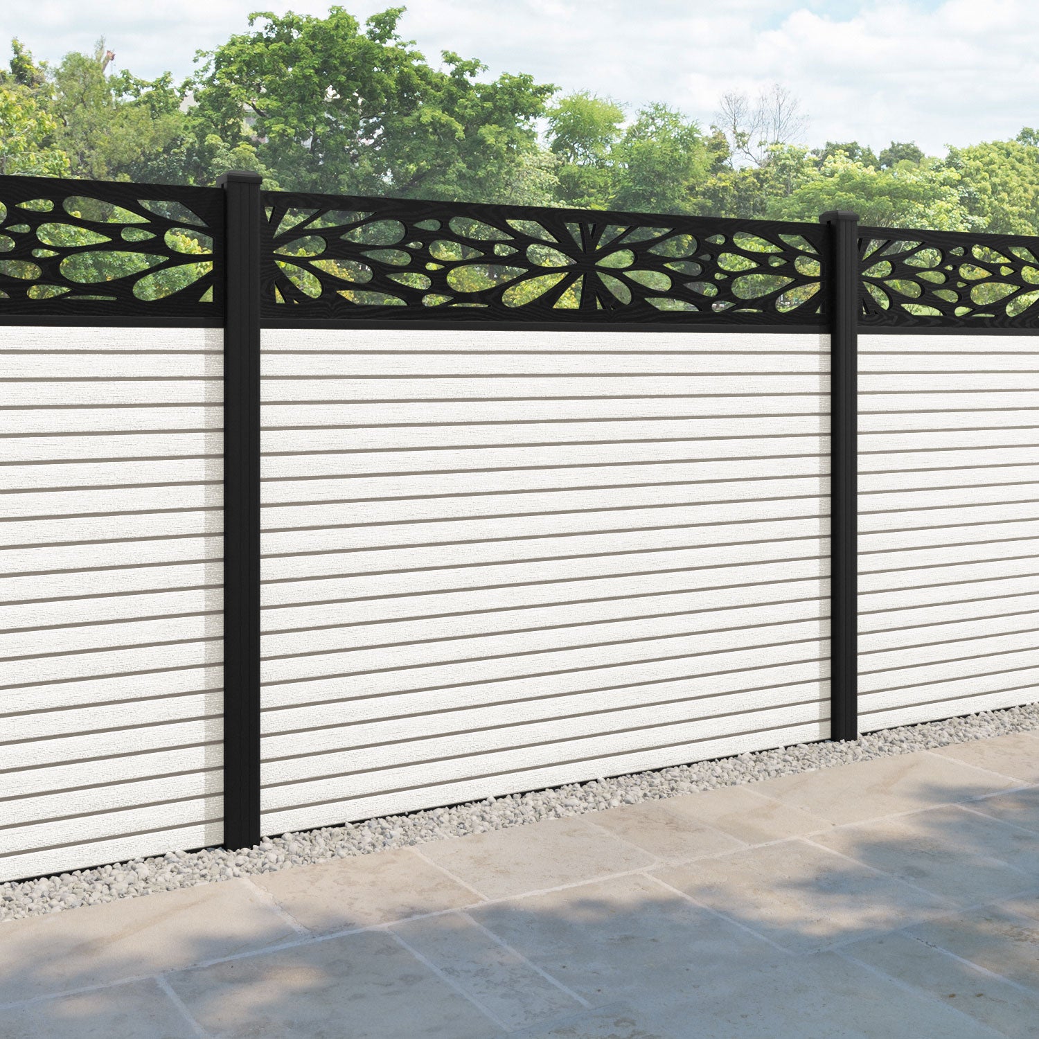 Hudson Blossom Fence Panel - Light Stone - with our aluminium posts