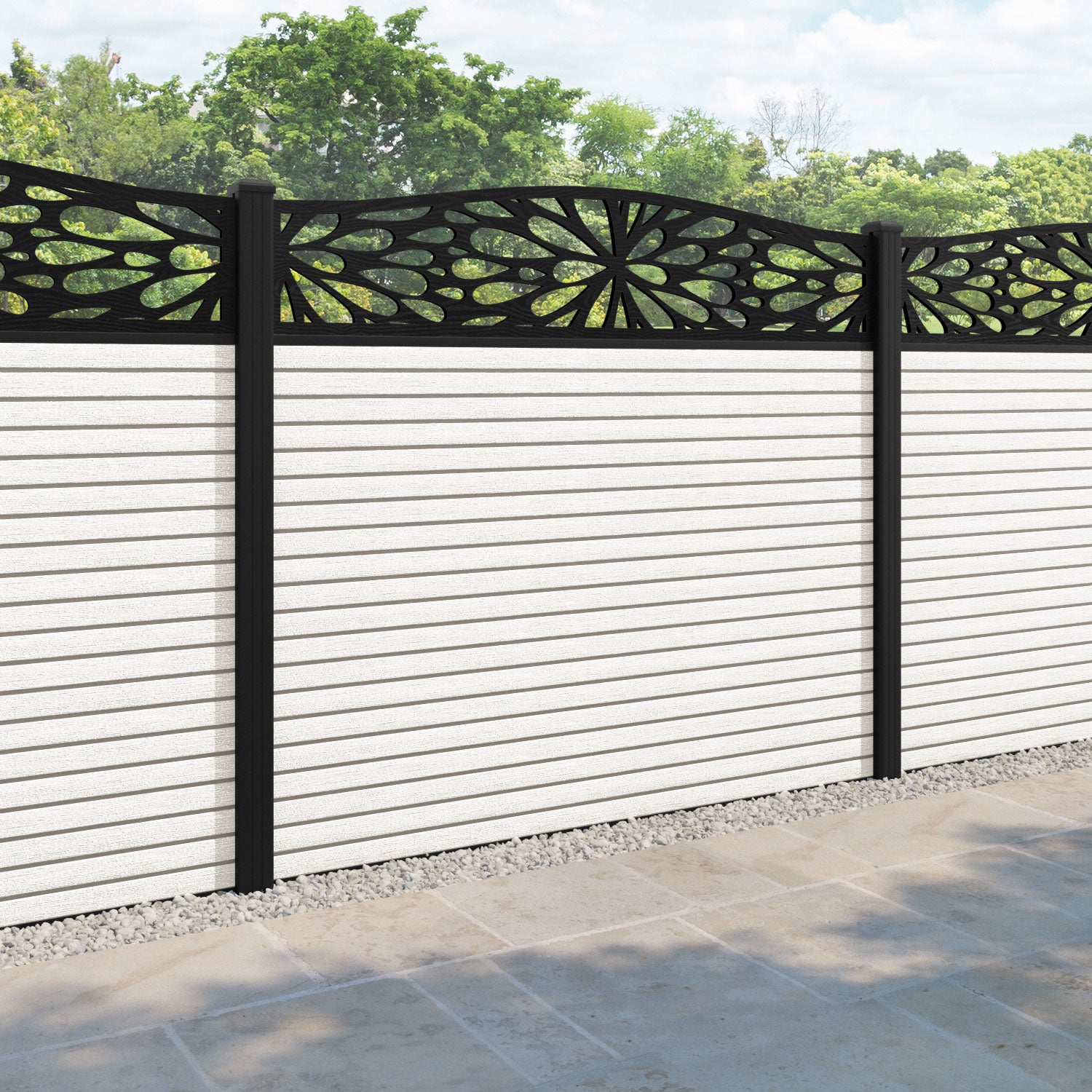 Hudson Blossom Curved Top Fence Panel - Light Stone - with our aluminium posts