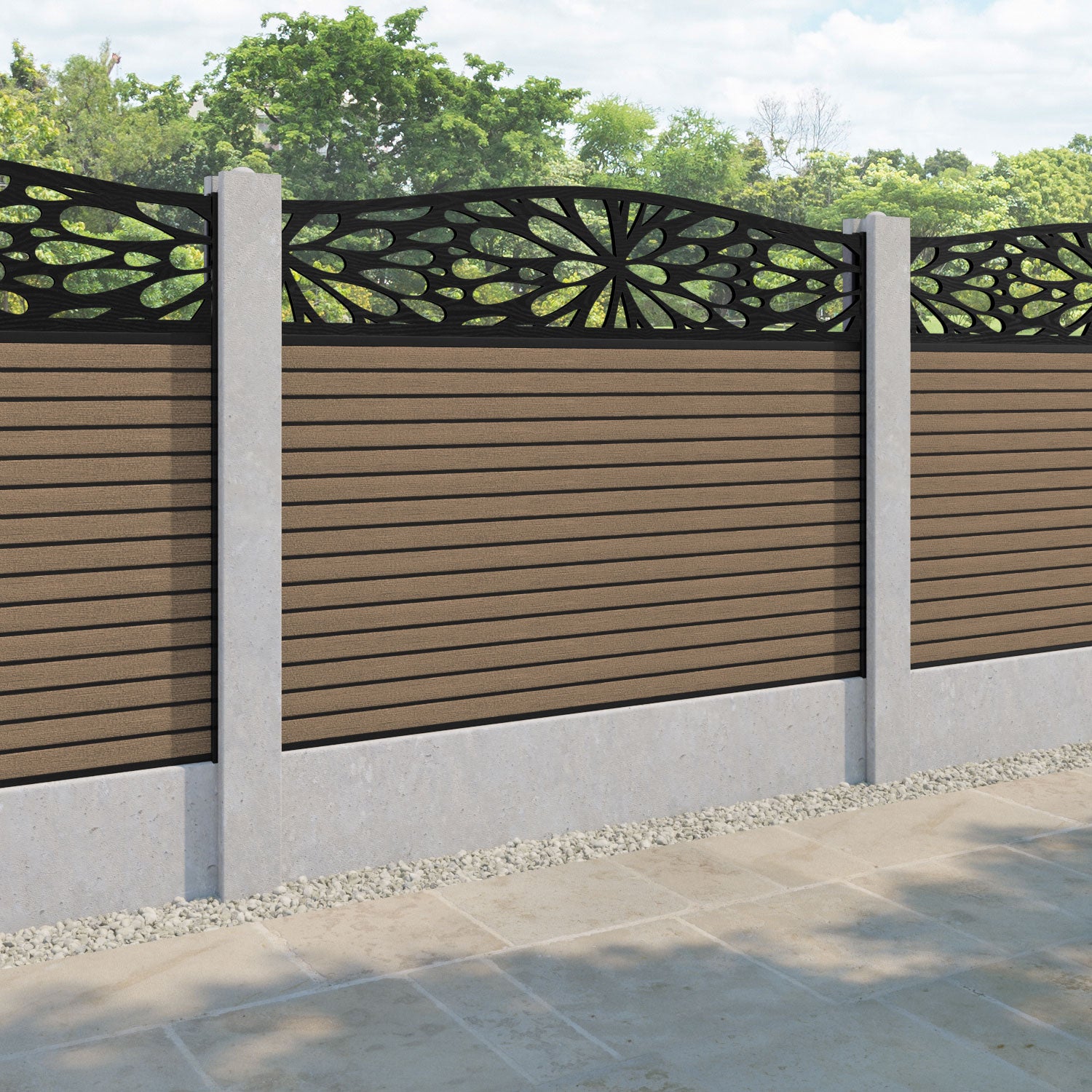 Hudson Blossom Curved Top Fence Panel - Teak - for existing concrete posts