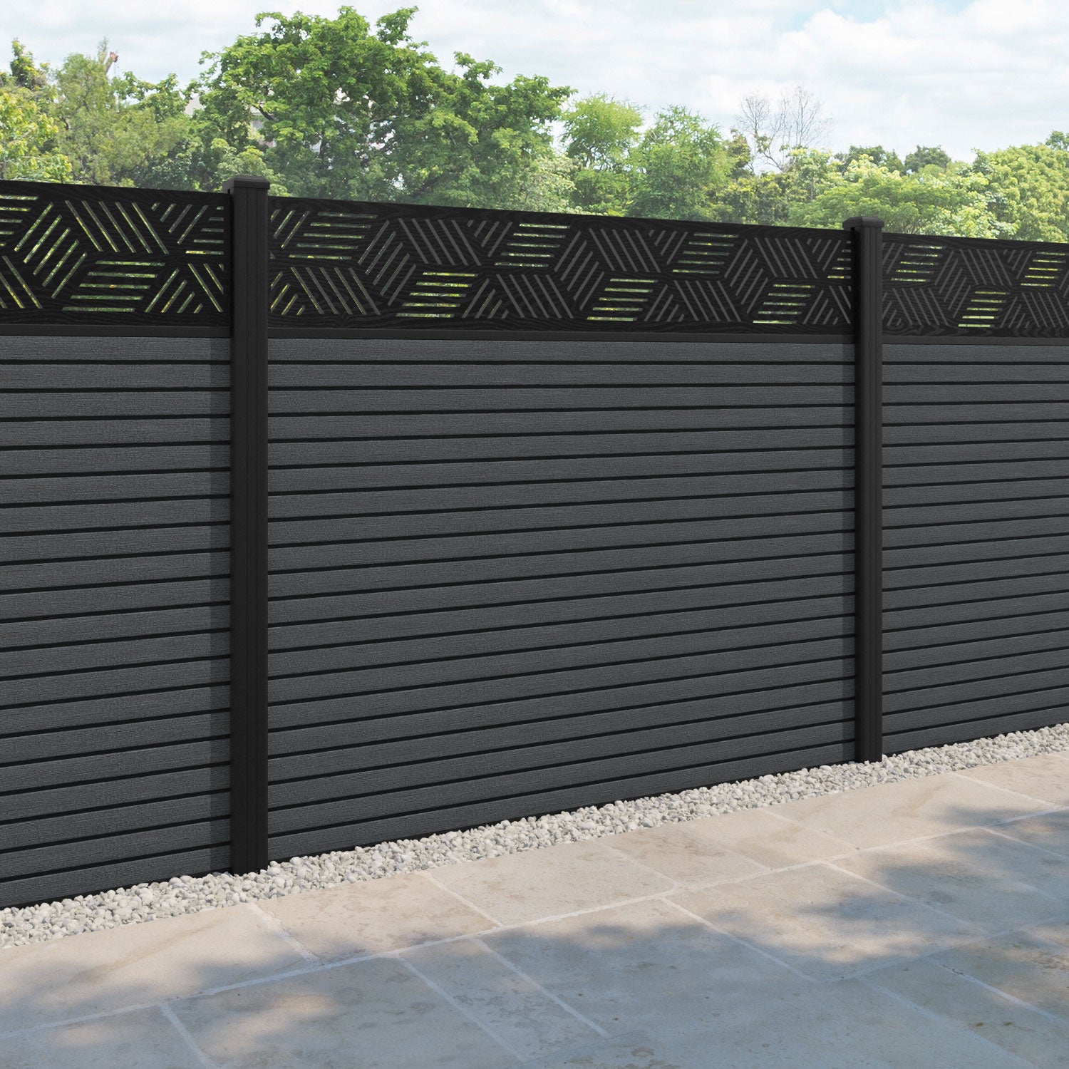 Hudson Cubed Fence Panel - Dark Grey - with our aluminium posts