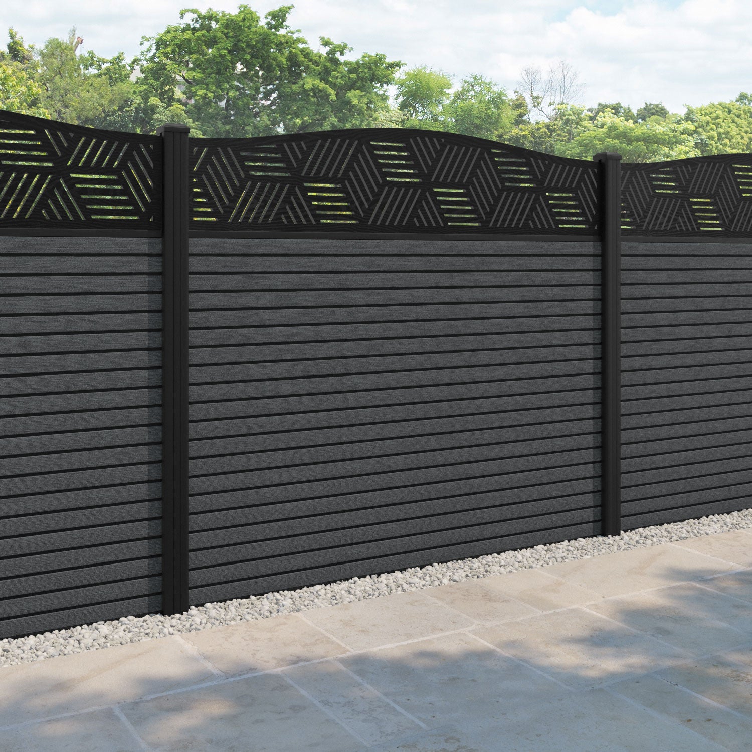 Hudson Cubed Curved Top Fence Panel - Dark Grey - with our aluminium posts