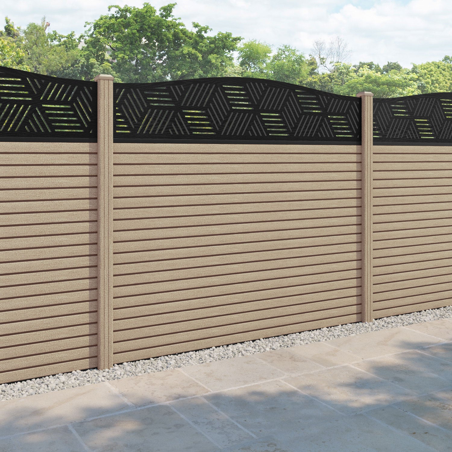 Hudson Cubed Curved Top Fence Panel - Light Oak - with our composite posts