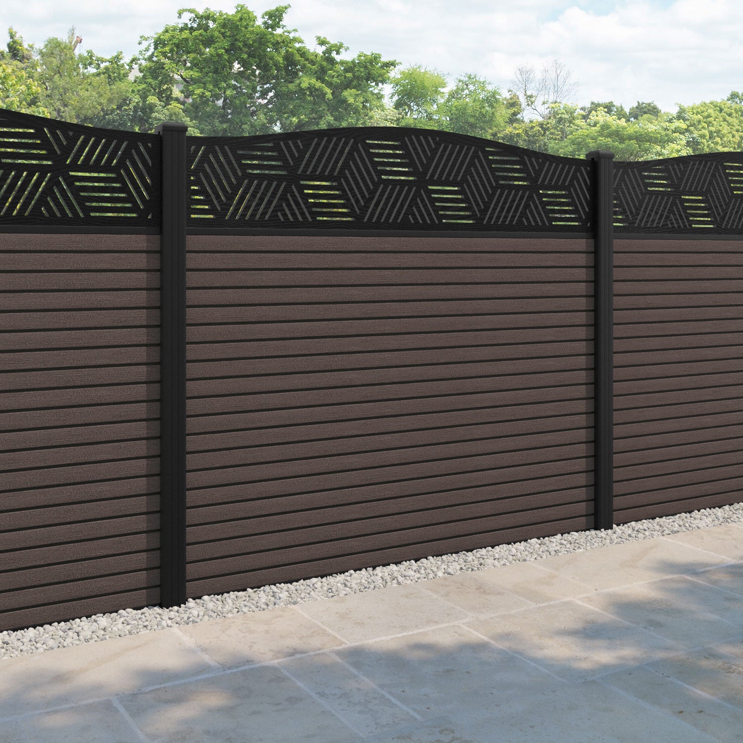 Hudson Cubed Curved Top Fence Panel - Mid Brown - with our aluminium posts