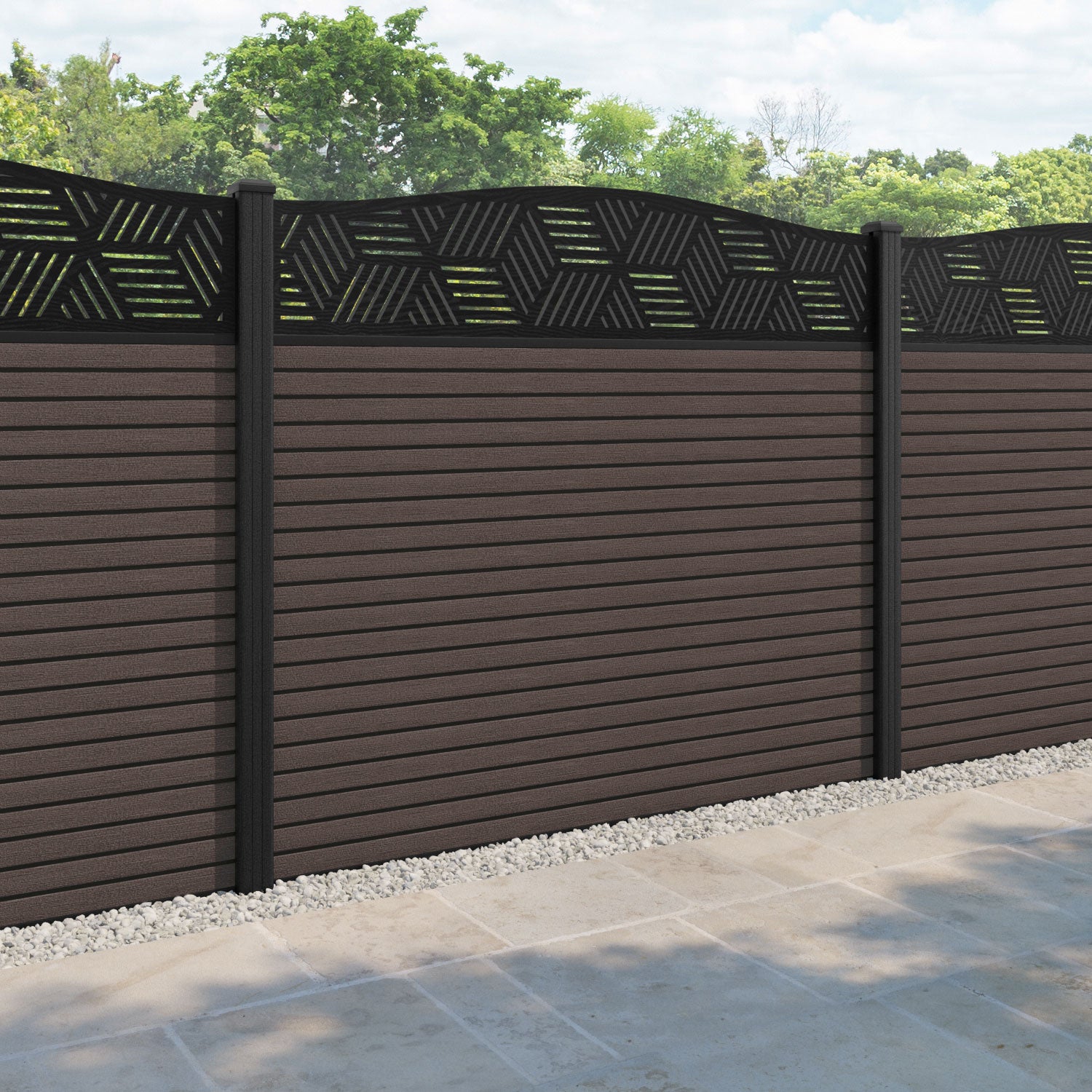Hudson Cubed Curved Top Fence Panel - Mid Brown - with our composite posts
