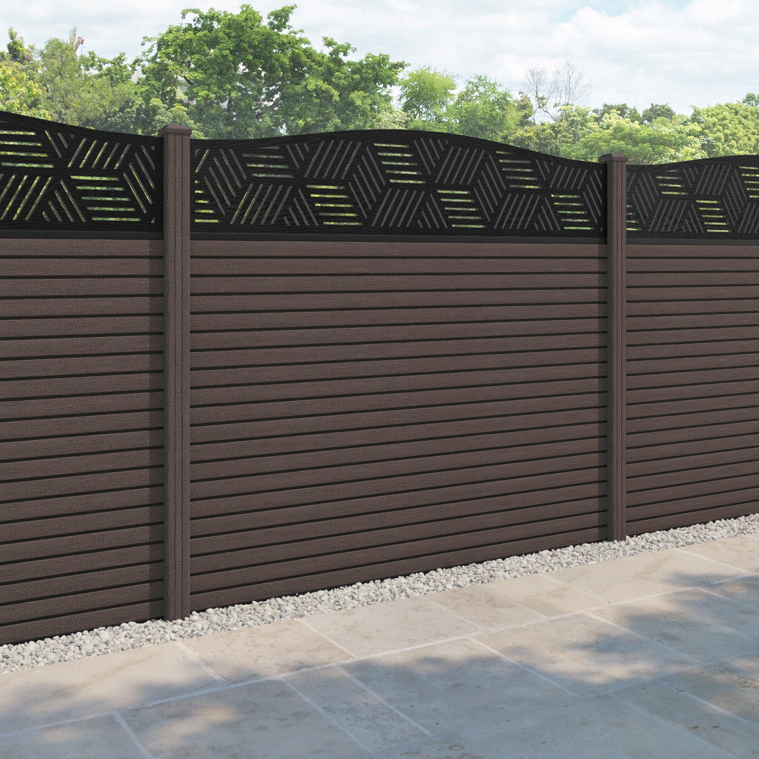 Hudson Cubed Curved Top Fence Panel - Mid Brown - with our composite posts