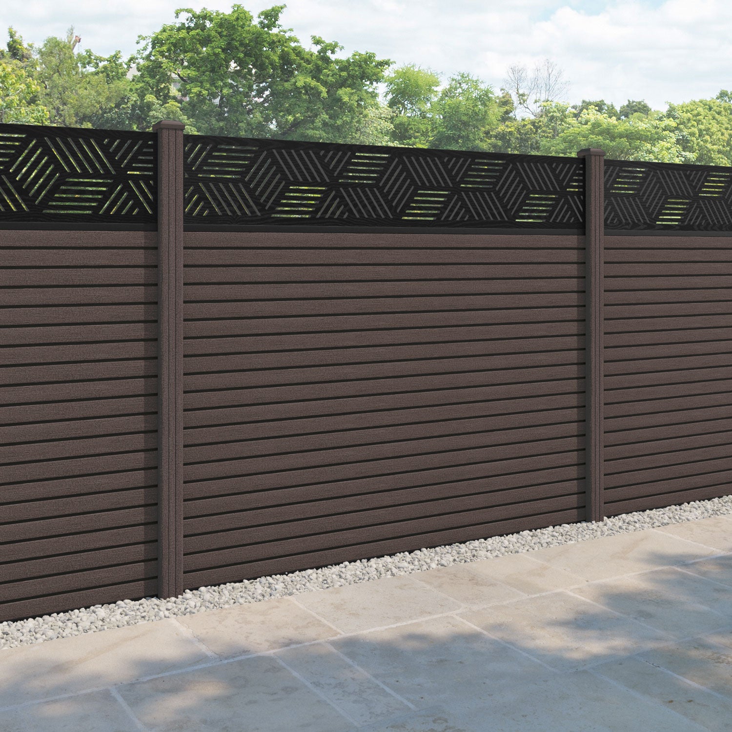 Hudson Cubed Fence Panel - Mid Brown - with our composite posts