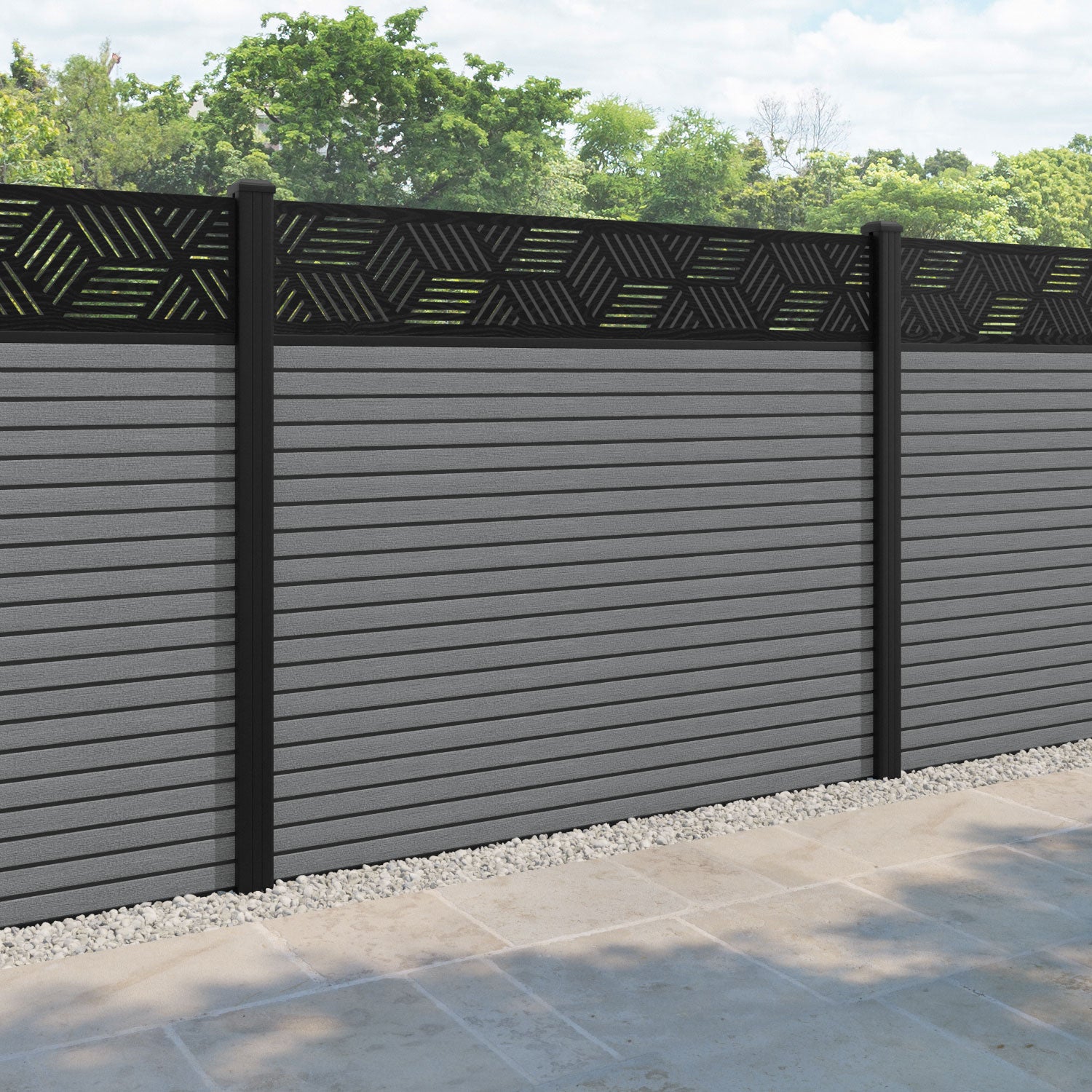 Hudson Cubed Fence Panel - Mid Grey - with our aluminium posts