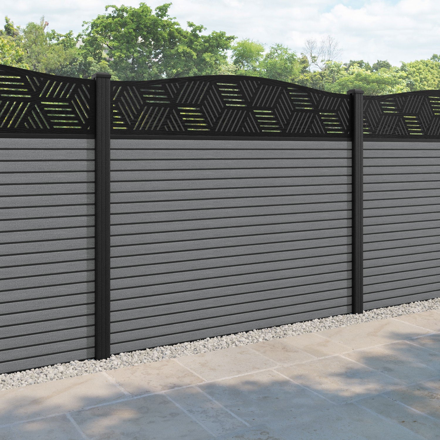 Hudson Cubed Curved Top Fence Panel - Mid Grey - with our composite posts