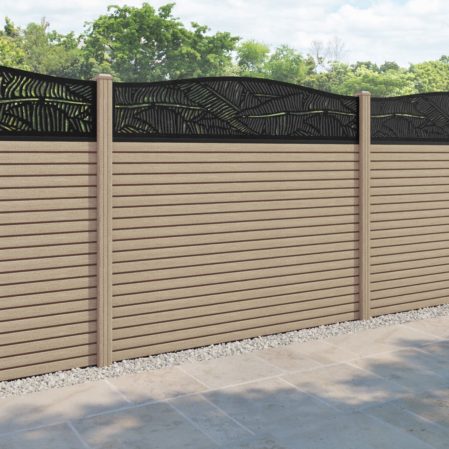 Hudson Feather Curved Top Fence Panel - Light Oak - with our composite posts