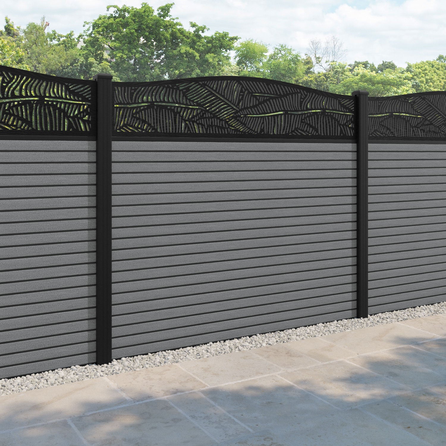 Hudson Feather Curved Top Fence Panel - Mid Grey - with our aluminium posts