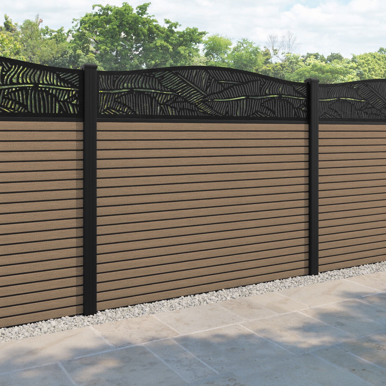Hudson Feather Curved Top Fence Panel - Teak - with our aluminium posts