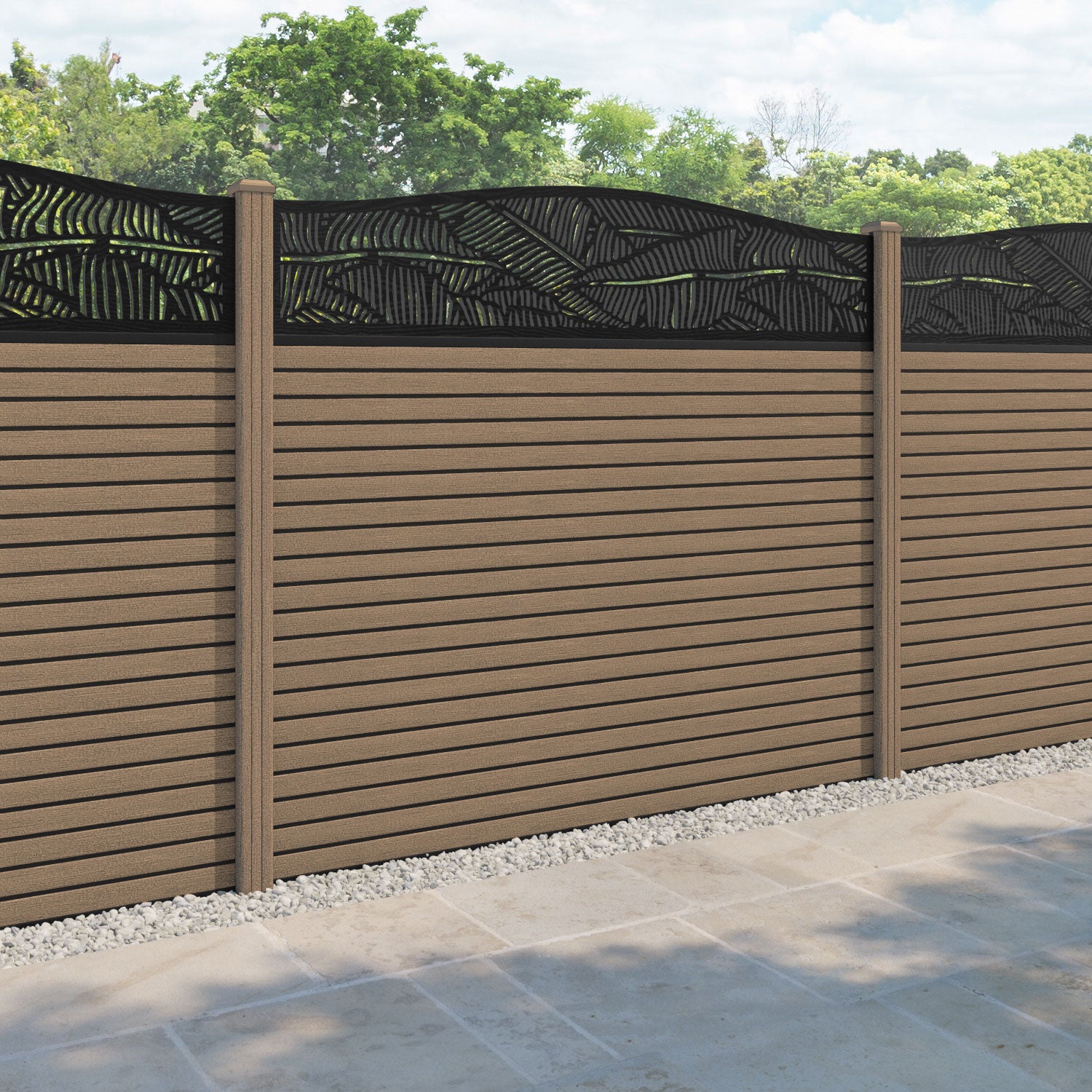 Hudson Feather Curved Top Fence Panel - Teak - with our composite posts