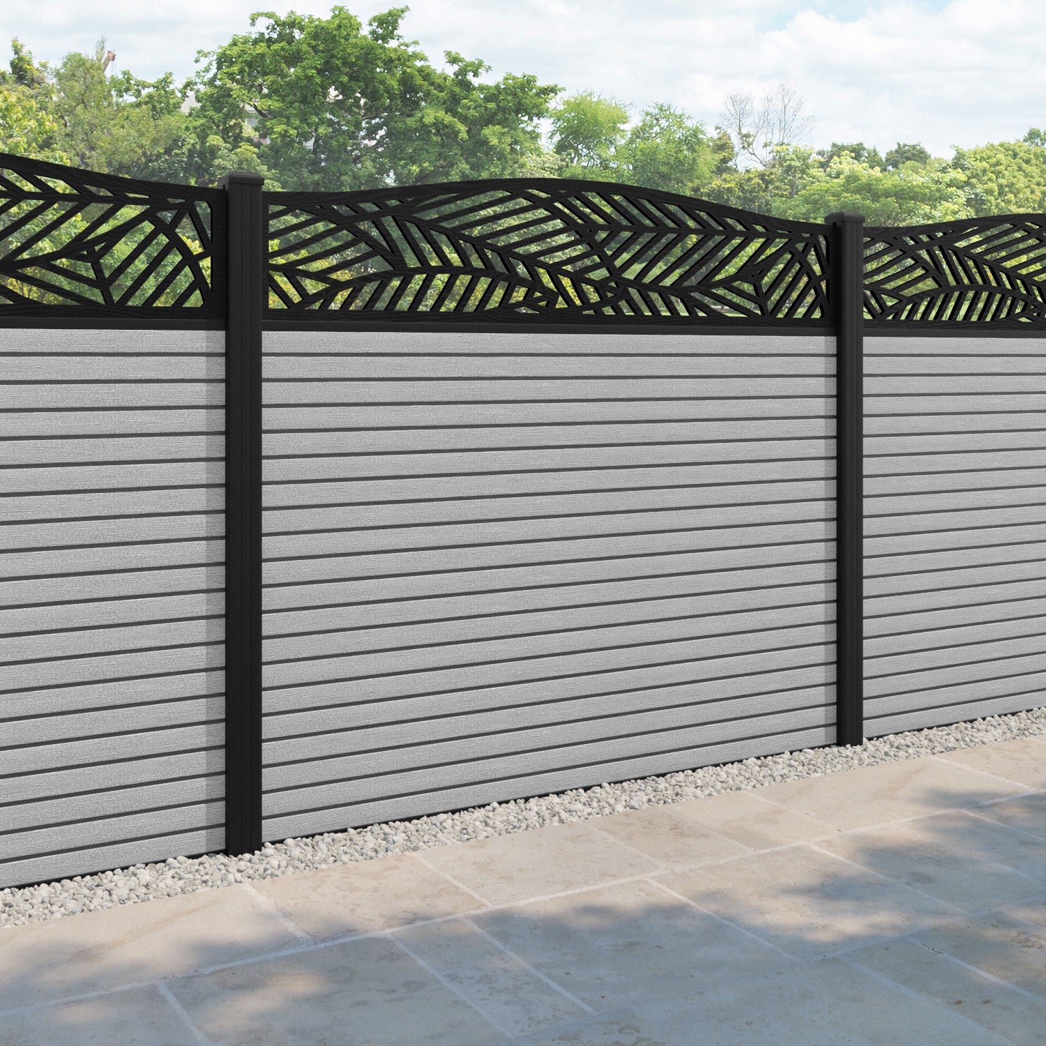 Hudson Habitat Curved Top Fence Panel - Light Grey - with our aluminium posts