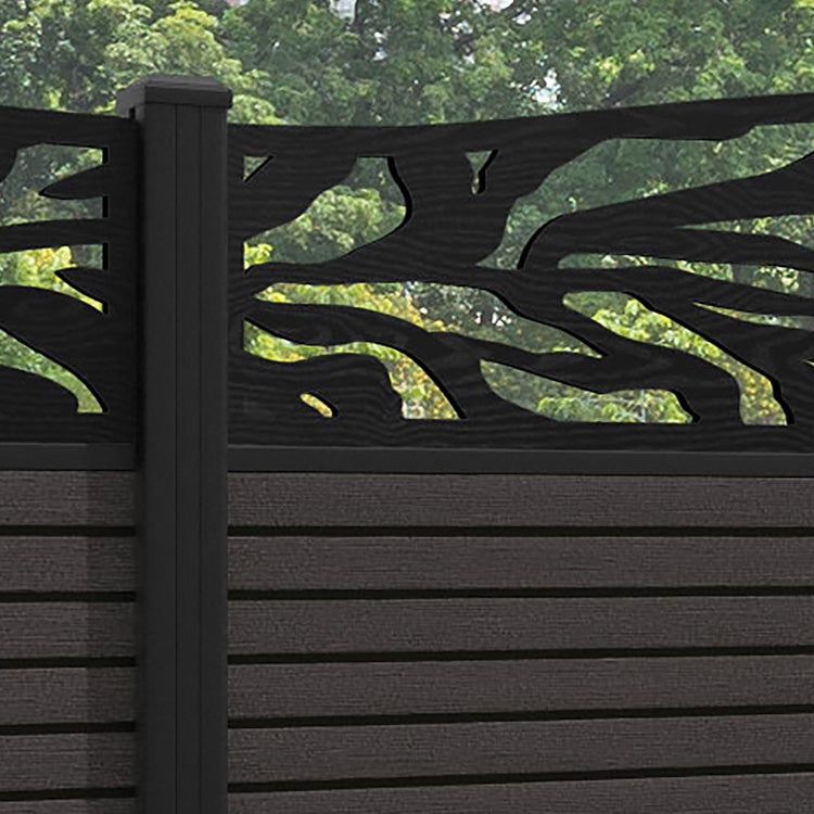 Hudson Malawi Curved Top Fence Panel - Dark Oak - with our aluminium posts