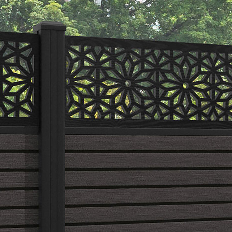 Hudson Narwa Fence Panel - Dark Oak - with our aluminium posts