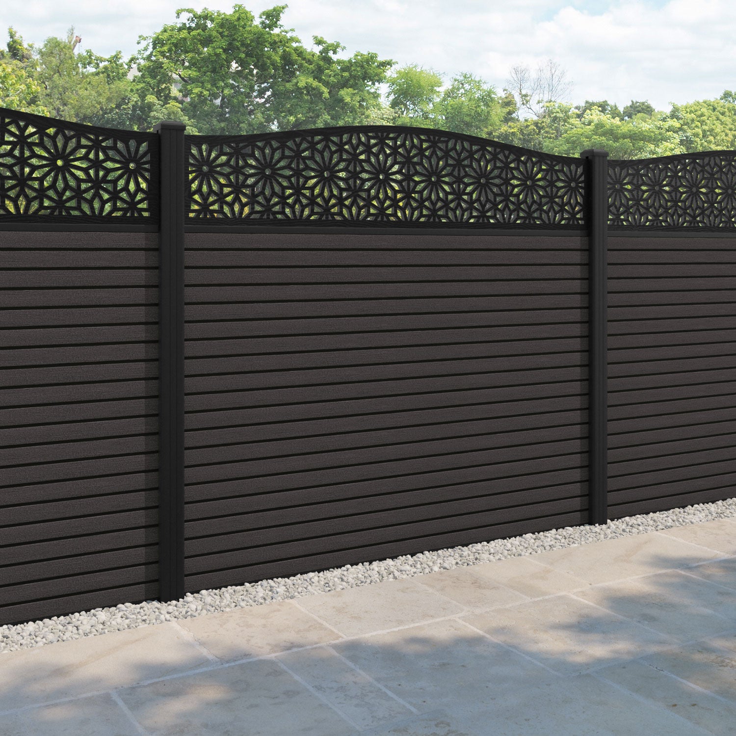 Hudson Narwa Curved Top Fence Panel - Dark Oak - with our aluminium posts