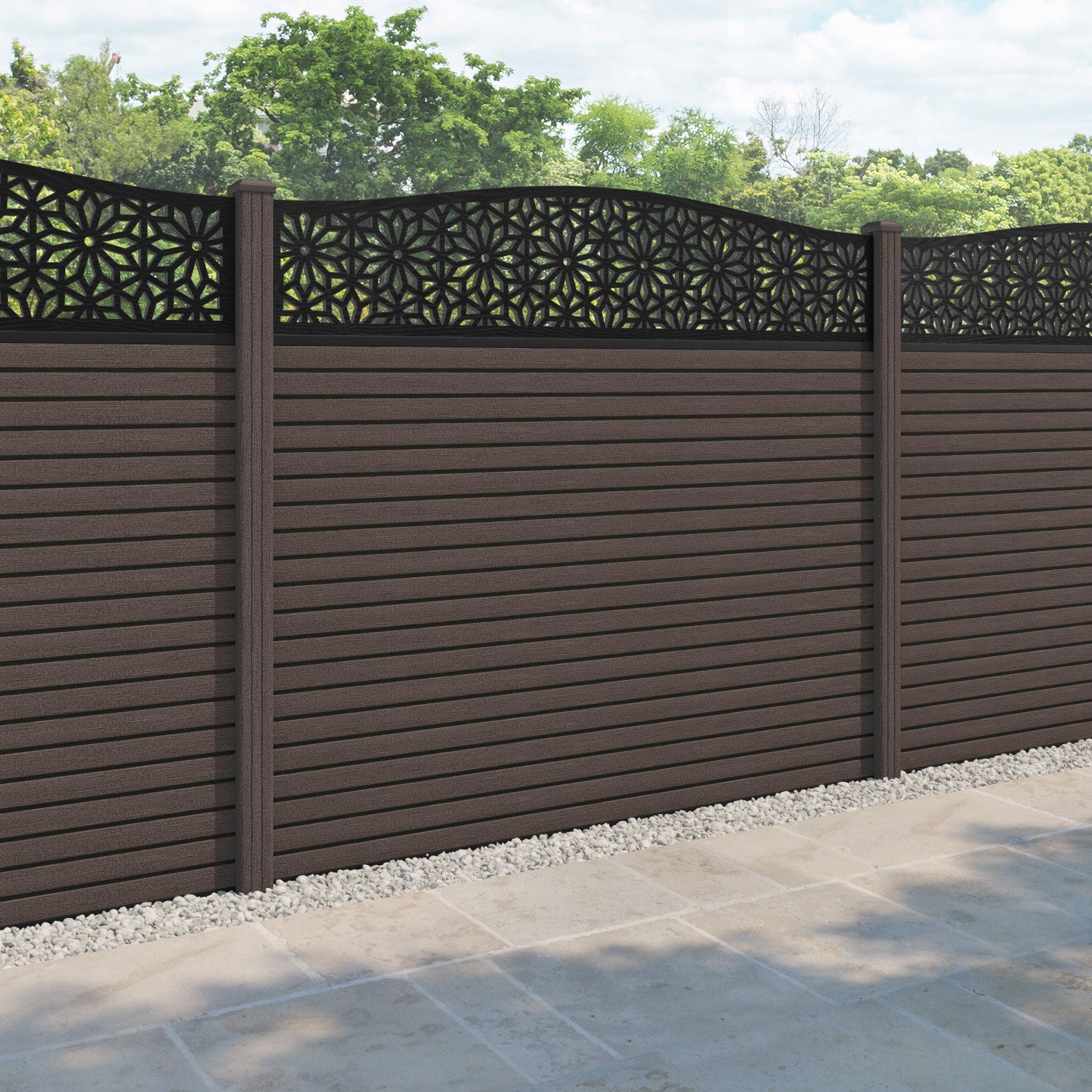 Hudson Narwa Curved Top Fence Panel - Mid Brown - with our composite posts