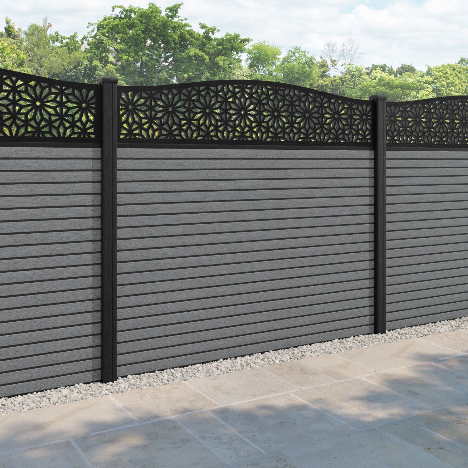 Hudson Narwa Curved Top Fence Panel - Mid Grey - with our composite posts
