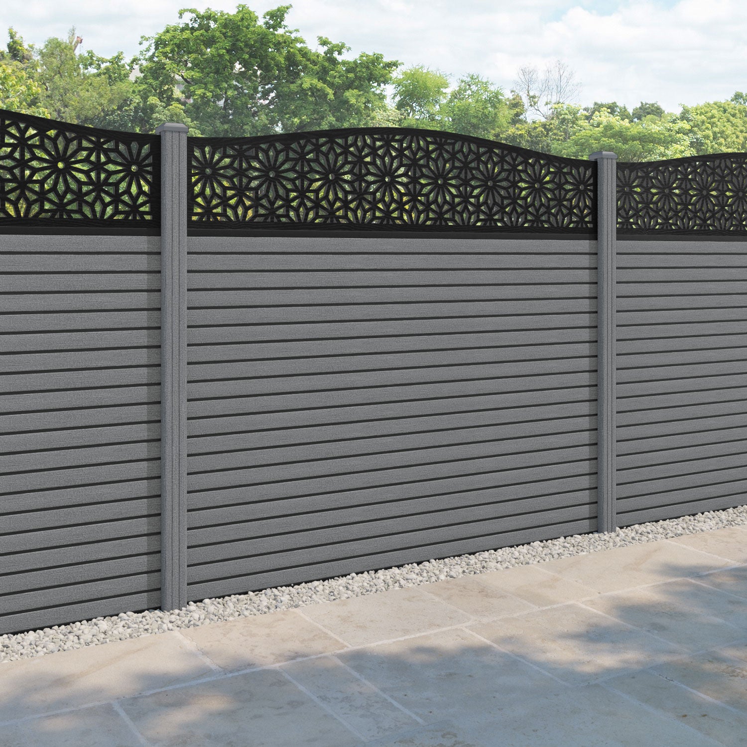 Hudson Narwa Curved Top Fence Panel - Mid Grey - with our composite posts