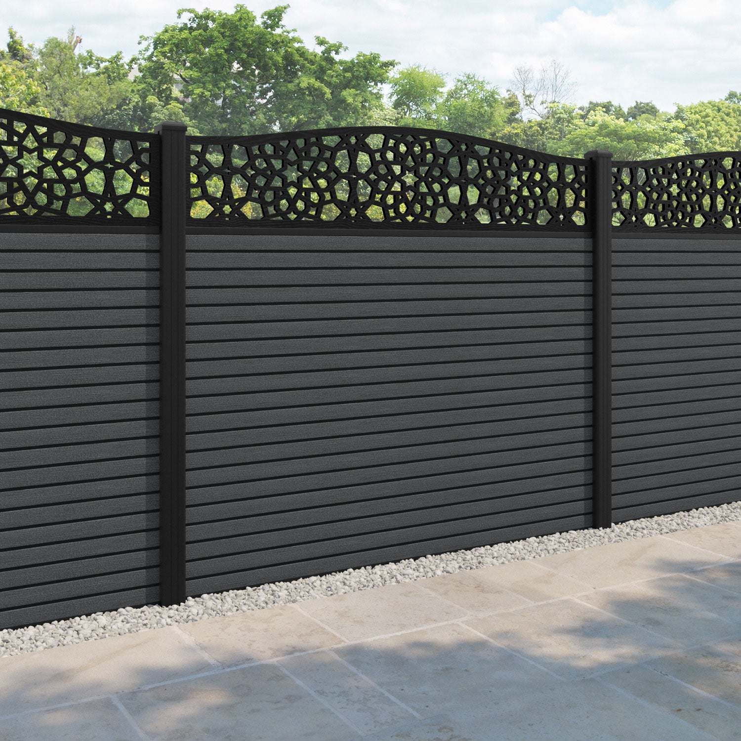 Hudson Nazira Curved Top Fence Panel - Dark Grey - with our aluminium posts