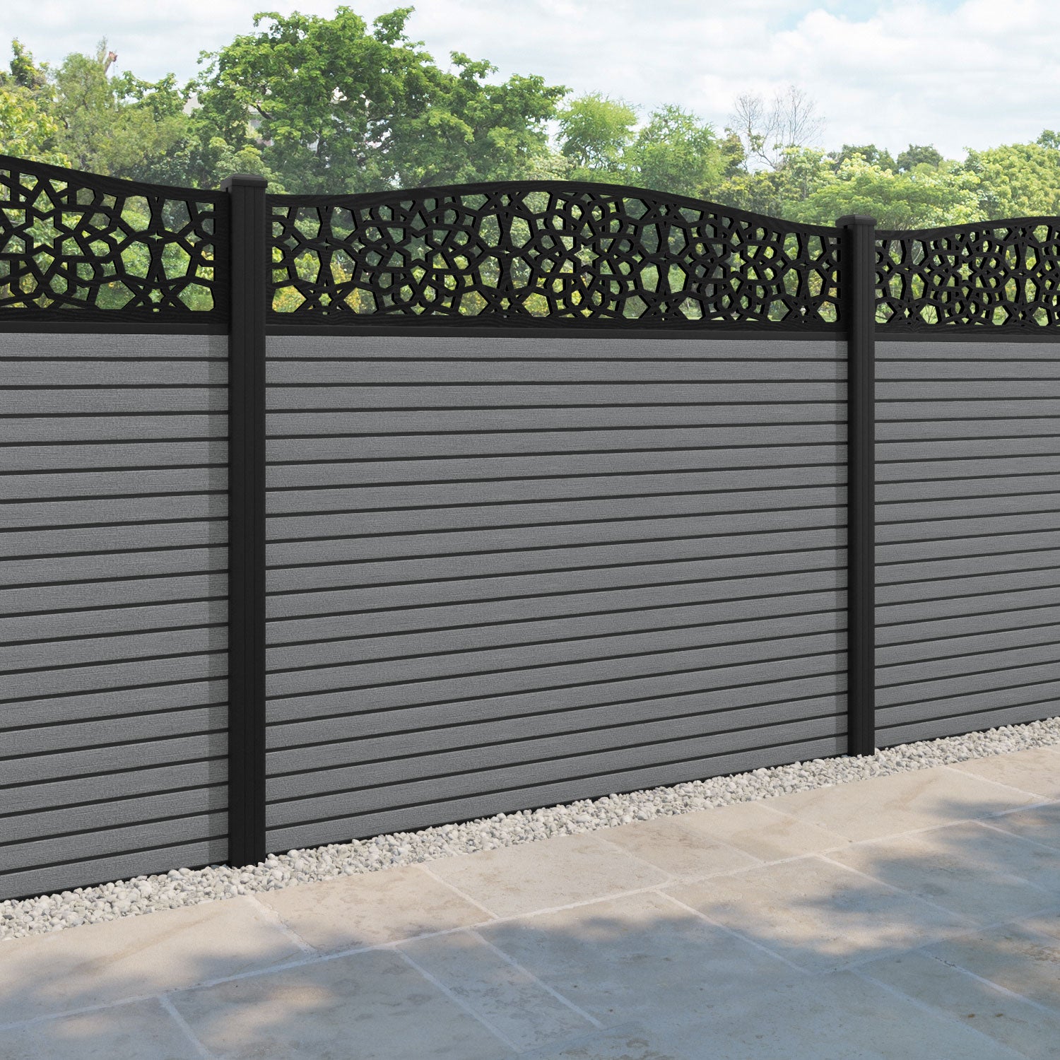 Hudson Nazira Curved Top Fence Panel - Mid Grey - with our aluminium posts