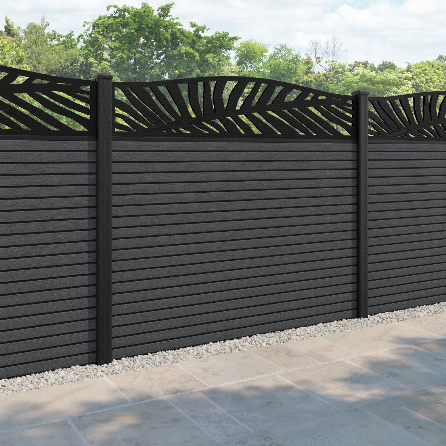 Hudson Palm Curved Top Fence Panel - Dark Grey - with our composite posts