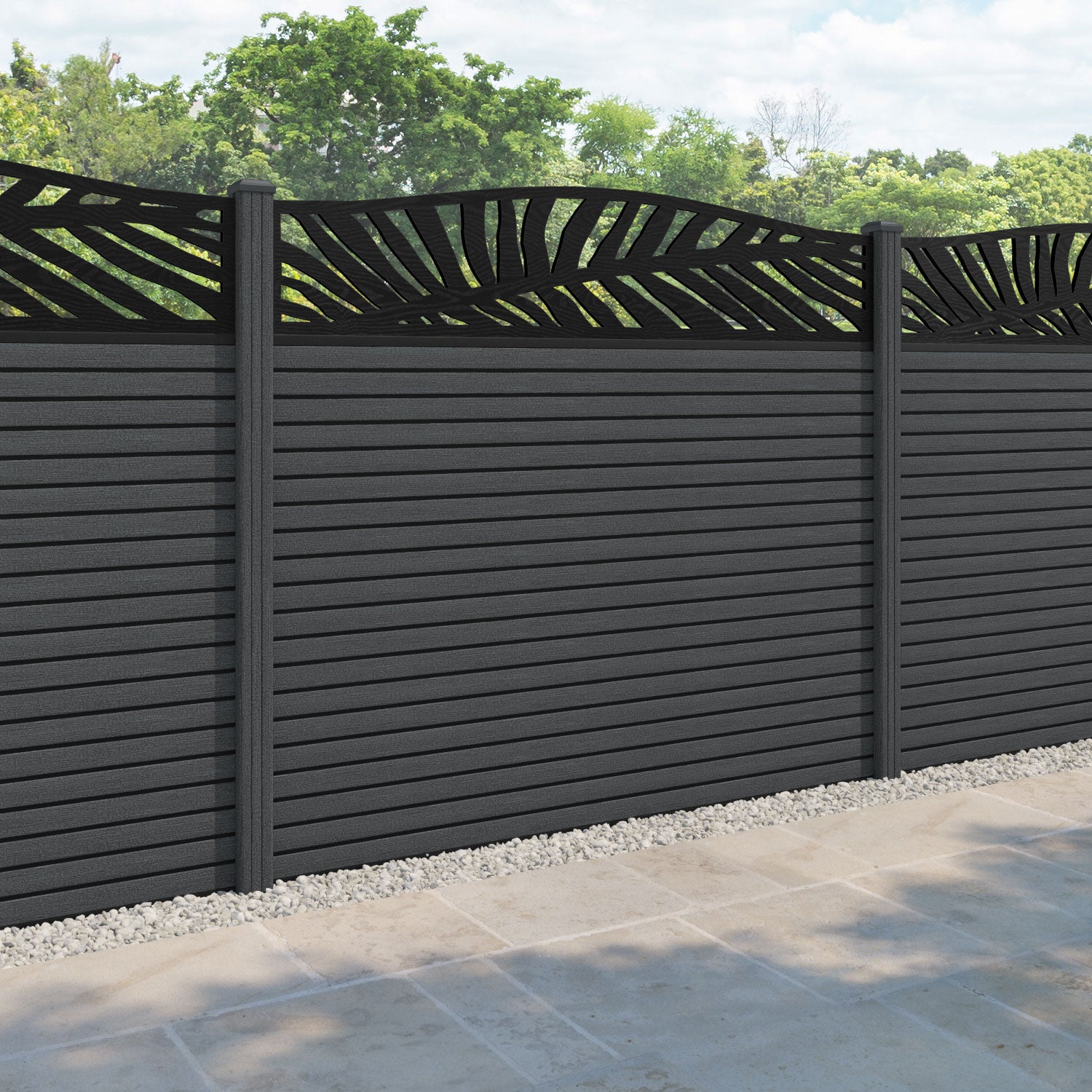Hudson Palm Curved Top Fence Panel - Dark Grey - with our composite posts