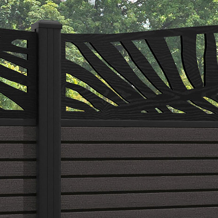 Hudson Palm Curved Top Fence Panel - Dark Oak - with our aluminium posts