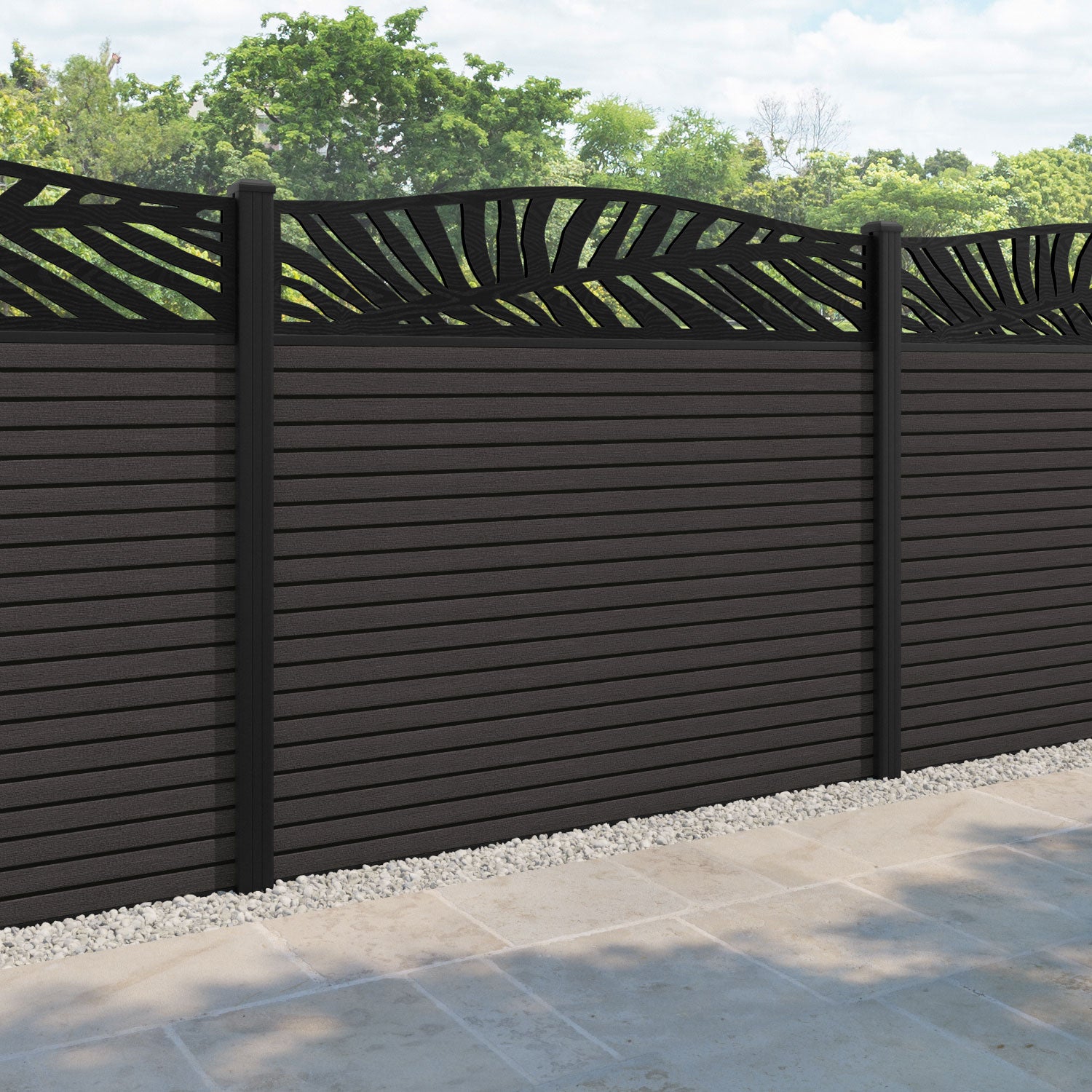 Hudson Palm Curved Top Fence Panel - Dark Oak - with our aluminium posts