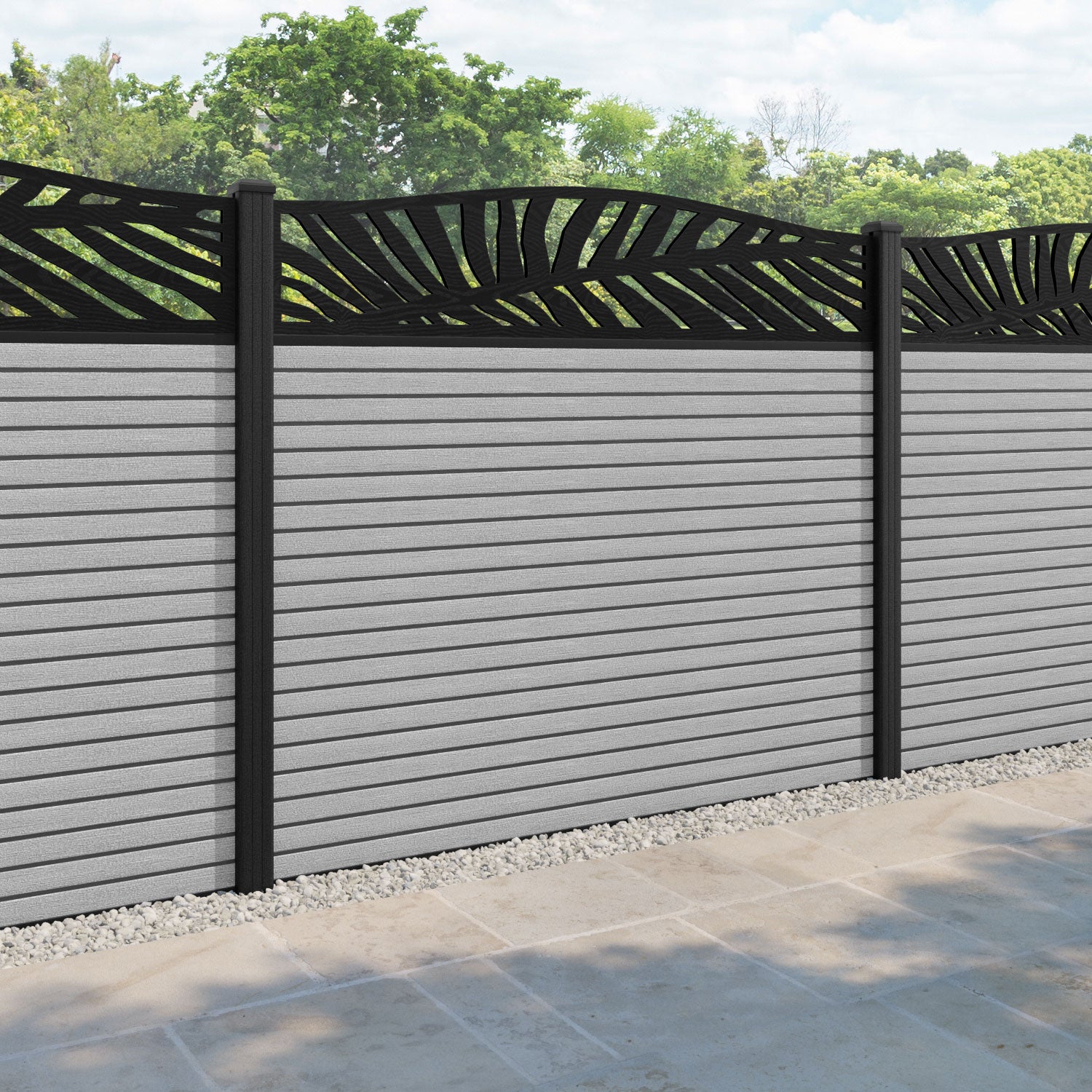 Hudson Palm Curved Top Fence Panel - Light Grey - with our composite posts
