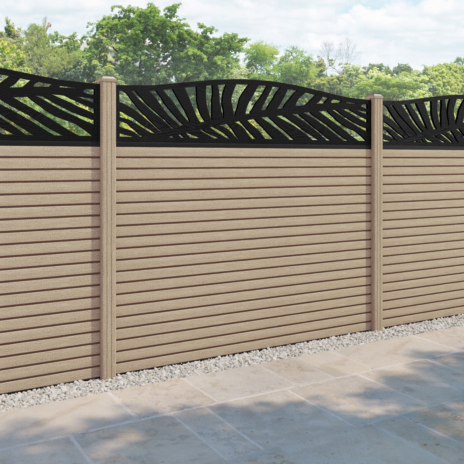 Hudson Palm Curved Top Fence Panel - Light Oak - with our composite posts