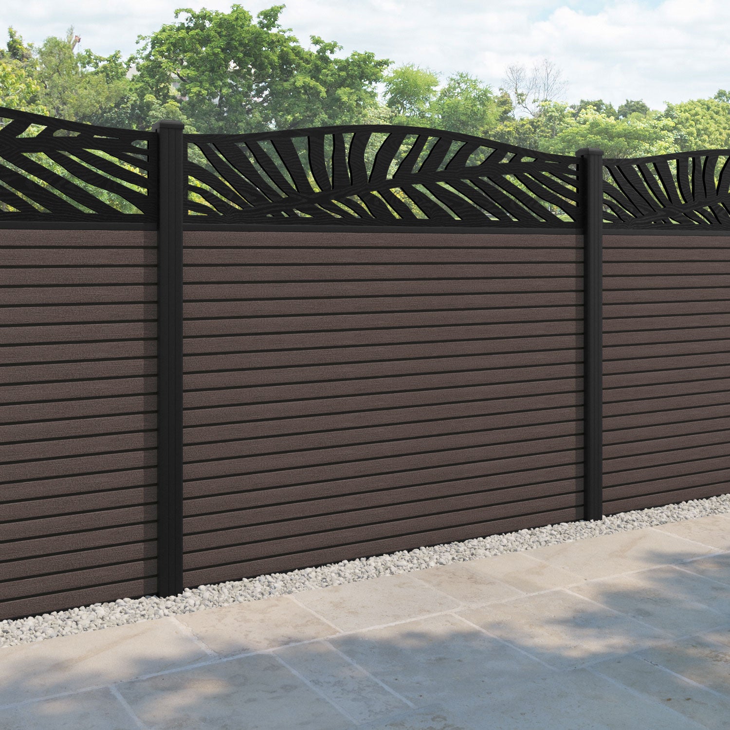 Hudson Palm Curved Top Fence Panel - Mid Brown - with our aluminium posts