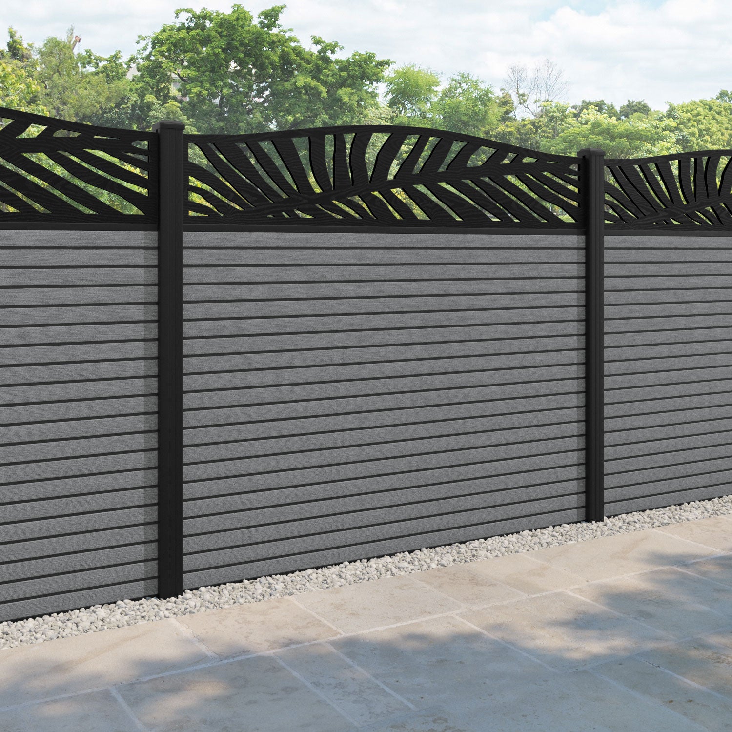 Hudson Palm Curved Top Fence Panel - Mid Grey - with our aluminium posts