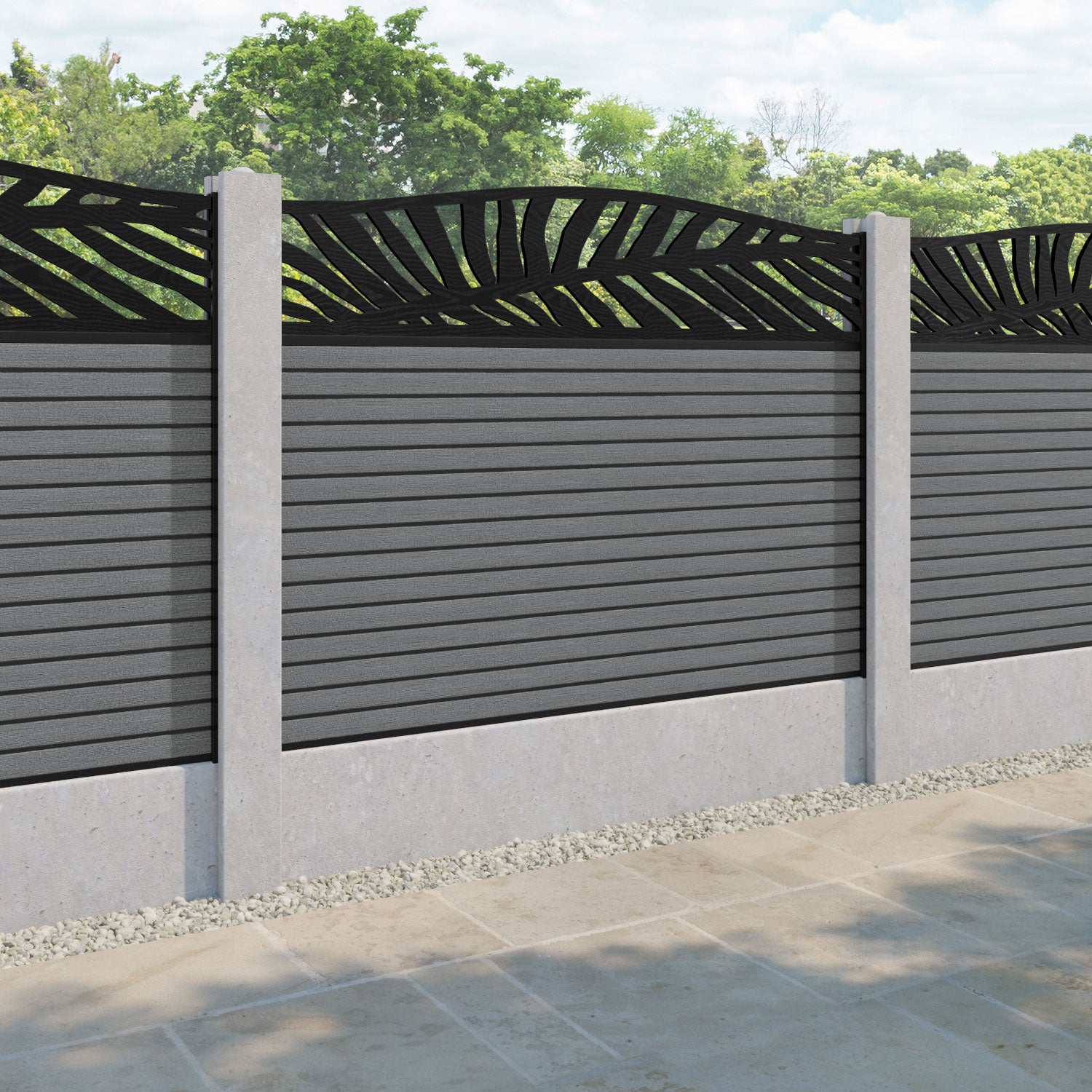 Hudson Palm Curved Top Fence Panel - Mid Grey - for existing concrete posts