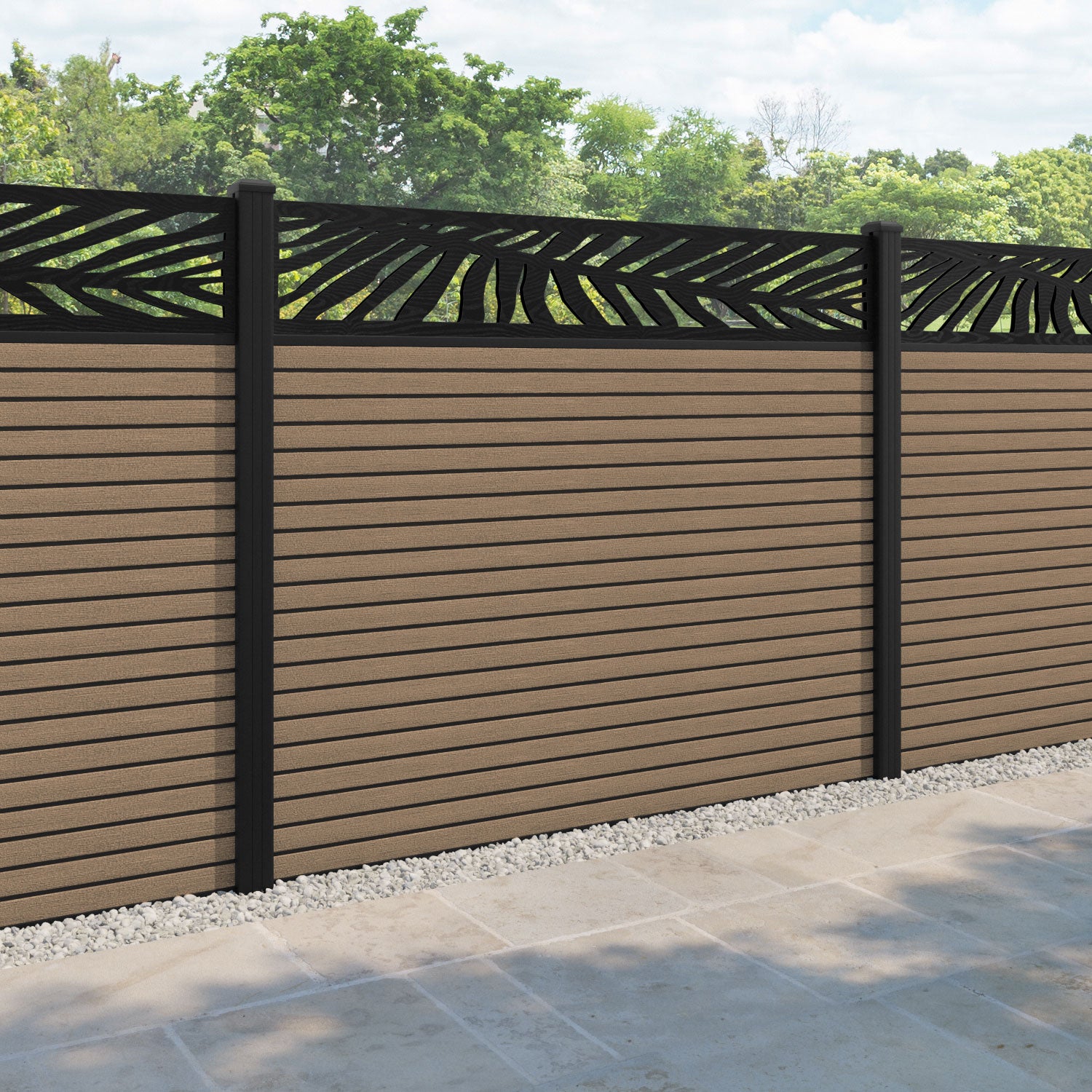 Hudson Palm Fence Panel - Teak - with our aluminium posts