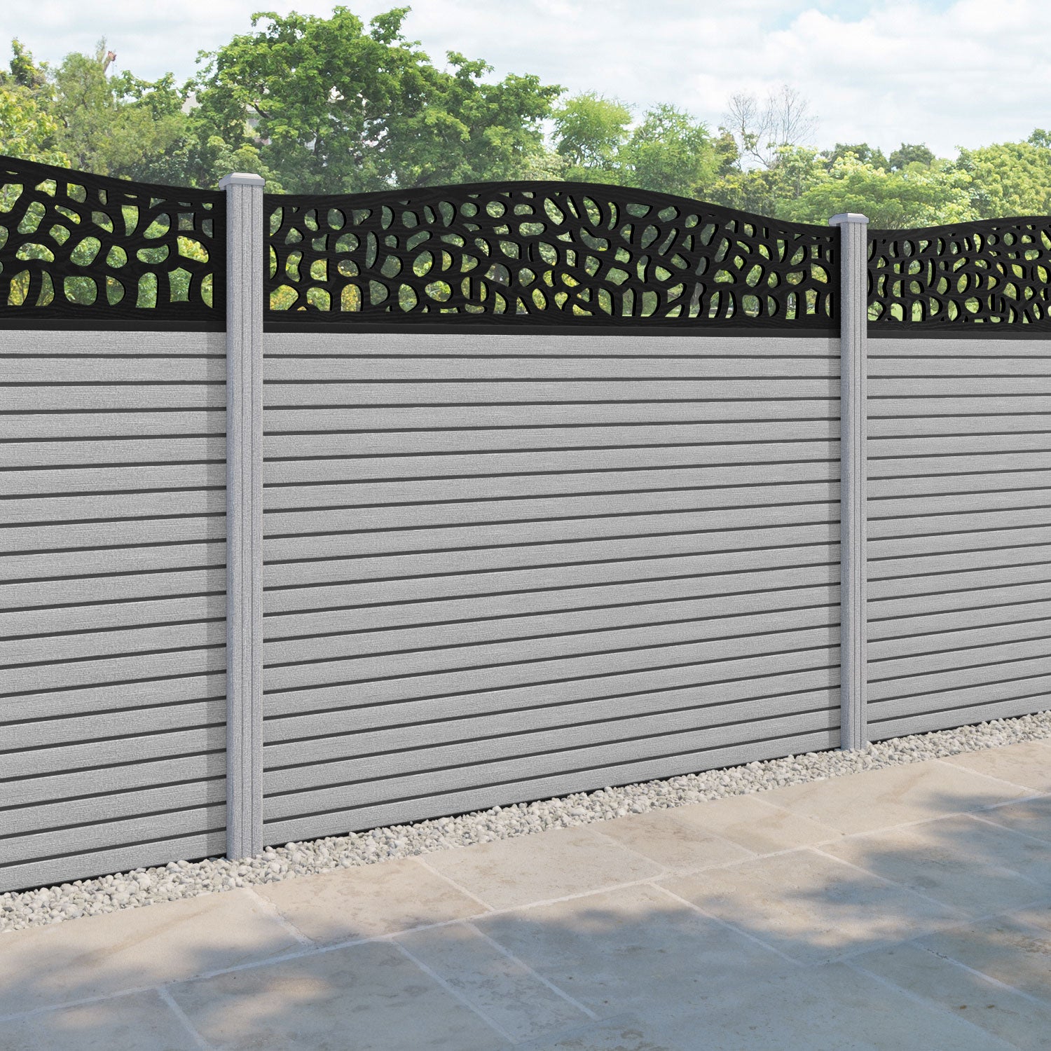 Hudson Pebble Curved Top Fence Panel - Light Grey - with our composite posts