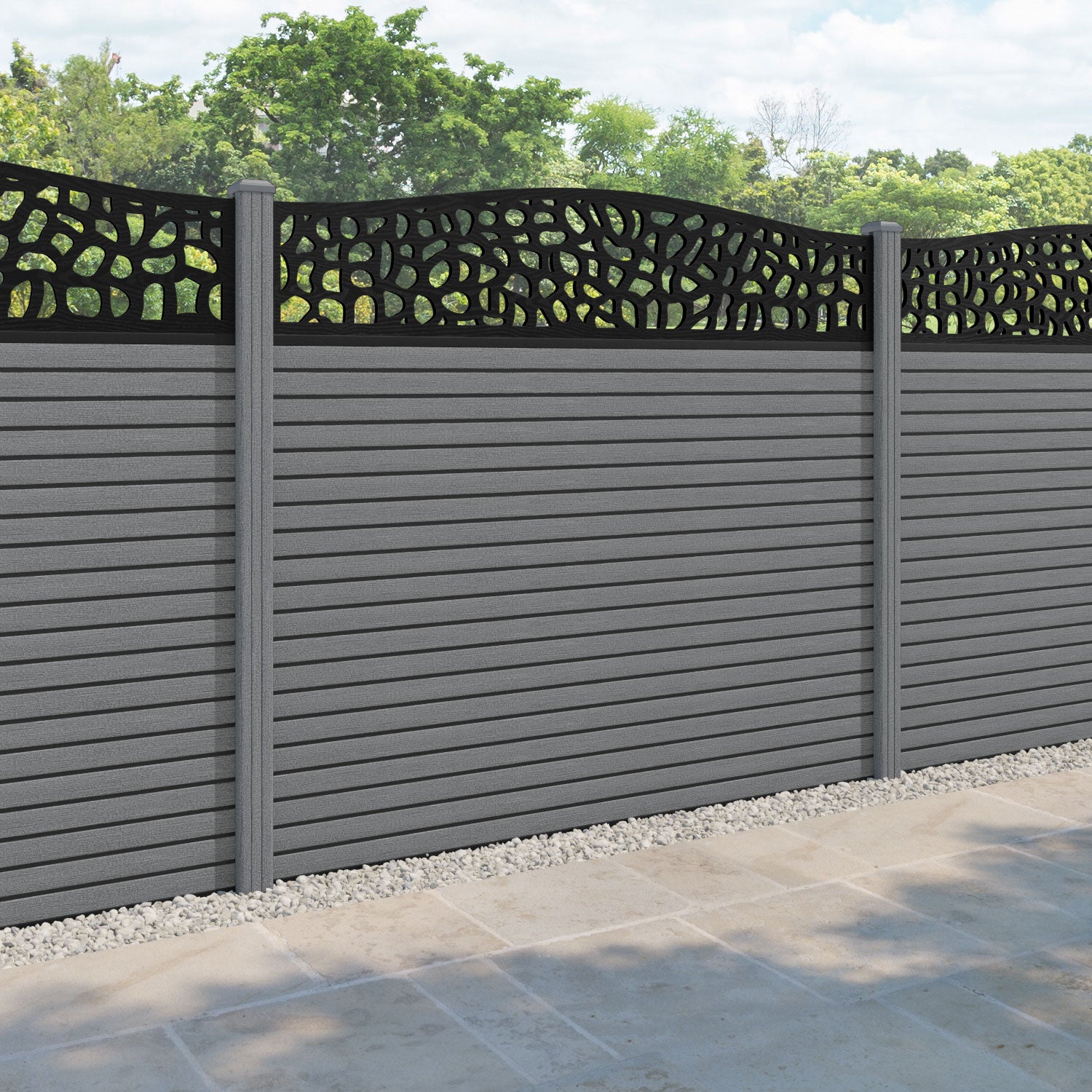 Hudson Pebble Curved Top Fence Panel - Mid Grey - with our composite posts