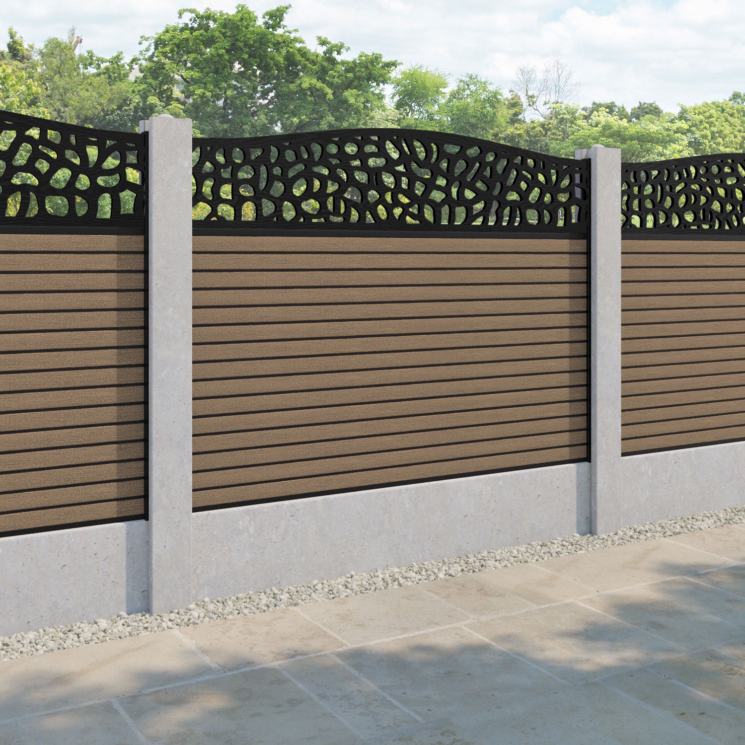 Hudson Pebble Curved Top Fence Panel - Teak - for existing concrete posts