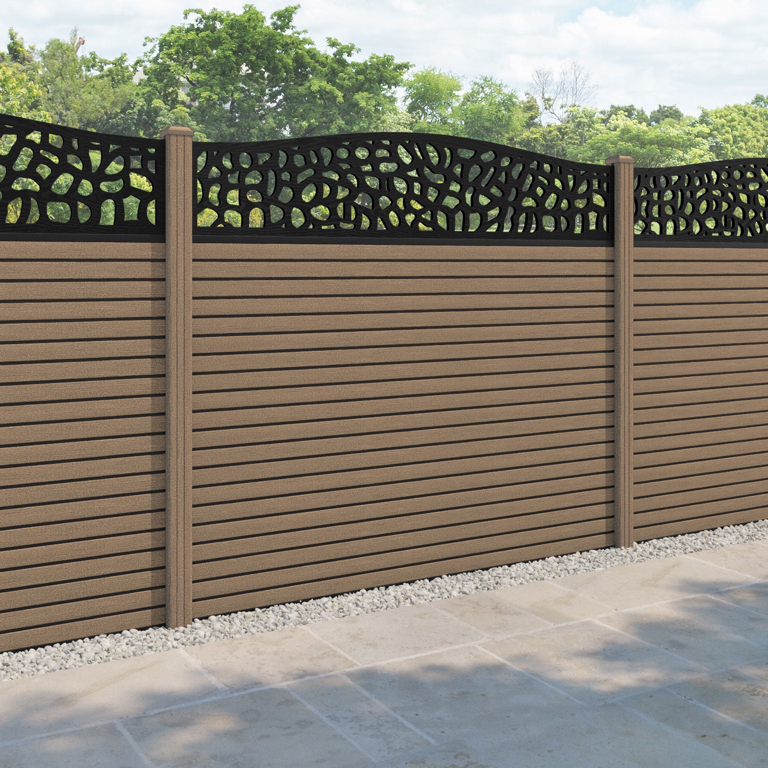 Hudson Pebble Curved Top Fence Panel - Teak - with our composite posts