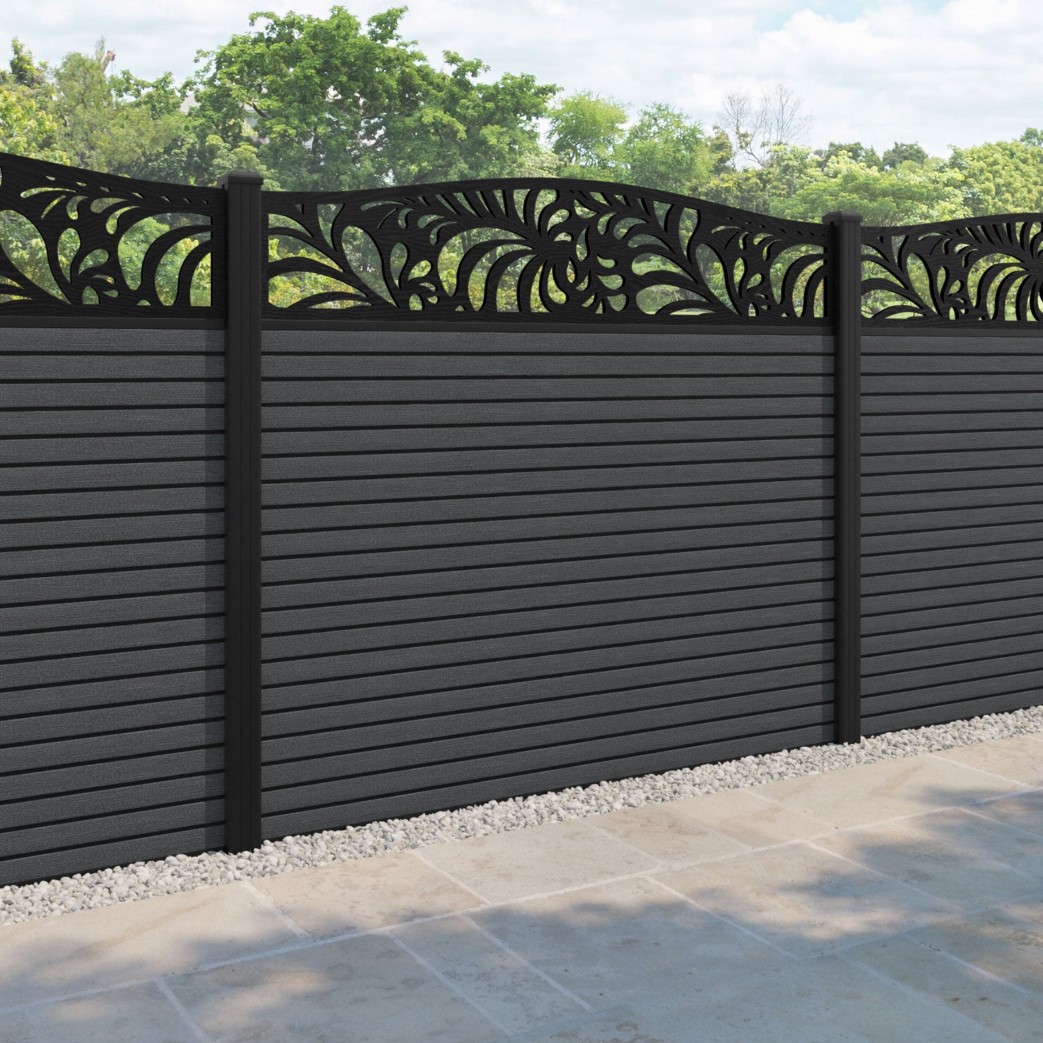 Hudson Petal Curved Top Fence Panel - Dark Grey - with our aluminium posts